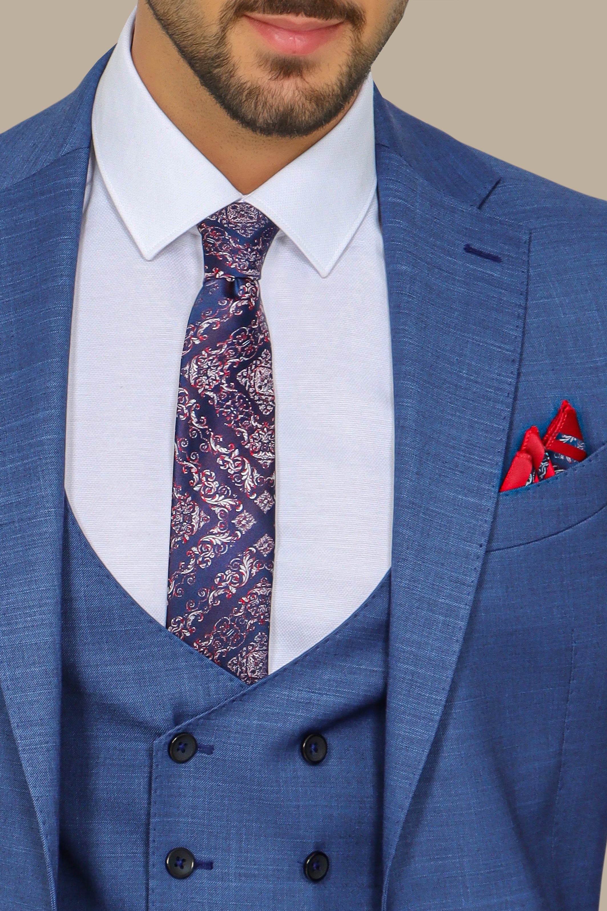 Elegant Blue Lycra Suit Set with Notch Details - 3-Piece Collection