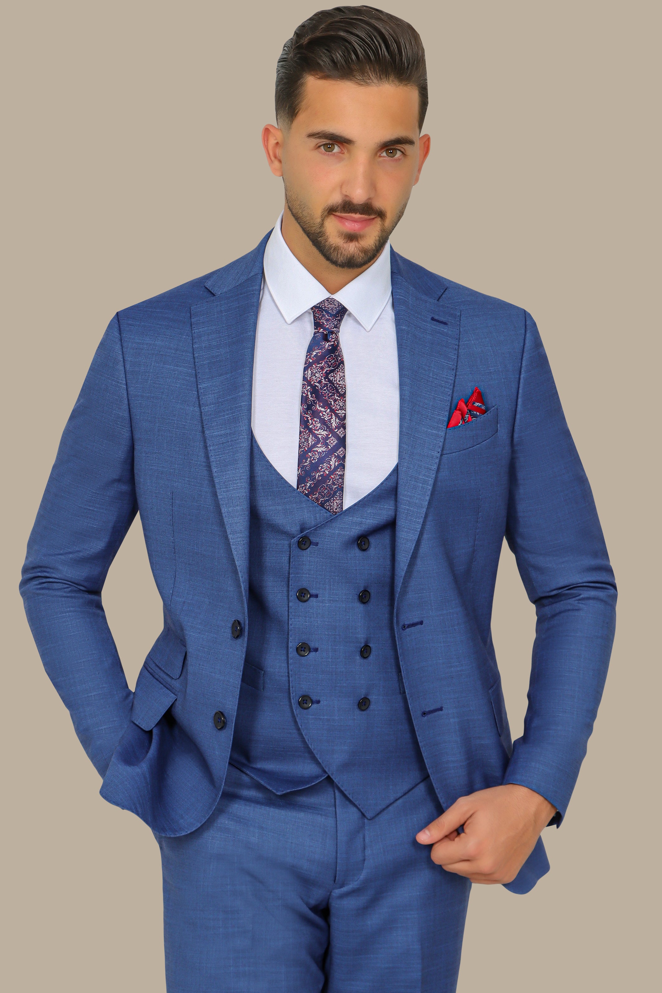 Elegant Blue Lycra Suit Set with Notch Details - 3-Piece Collection