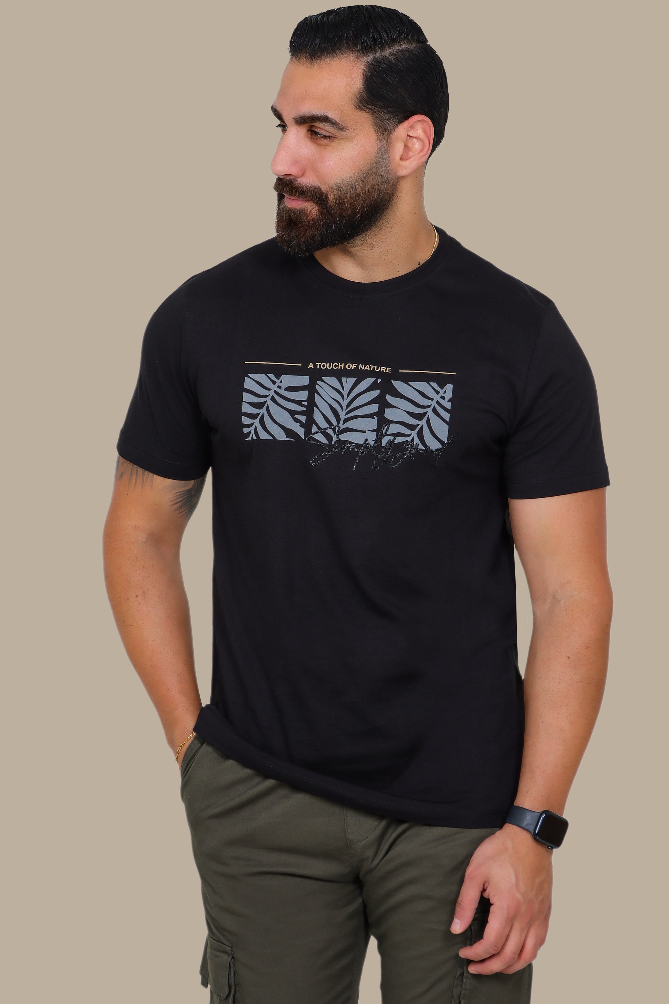 Black T-Shirt with Three Leaf Squares Print