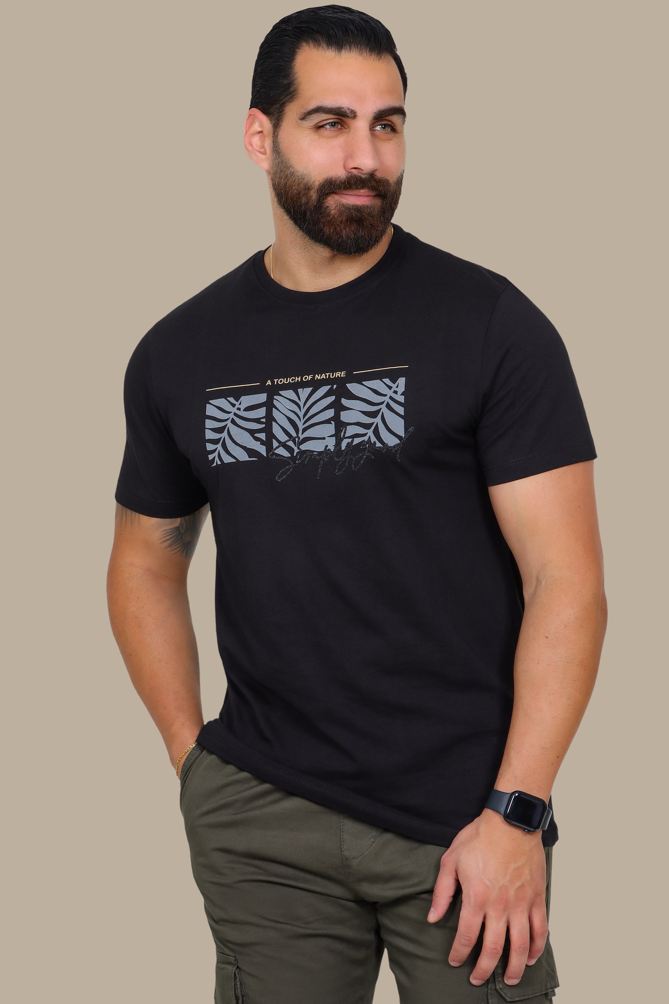 Black T-Shirt with Three Leaf Squares Print
