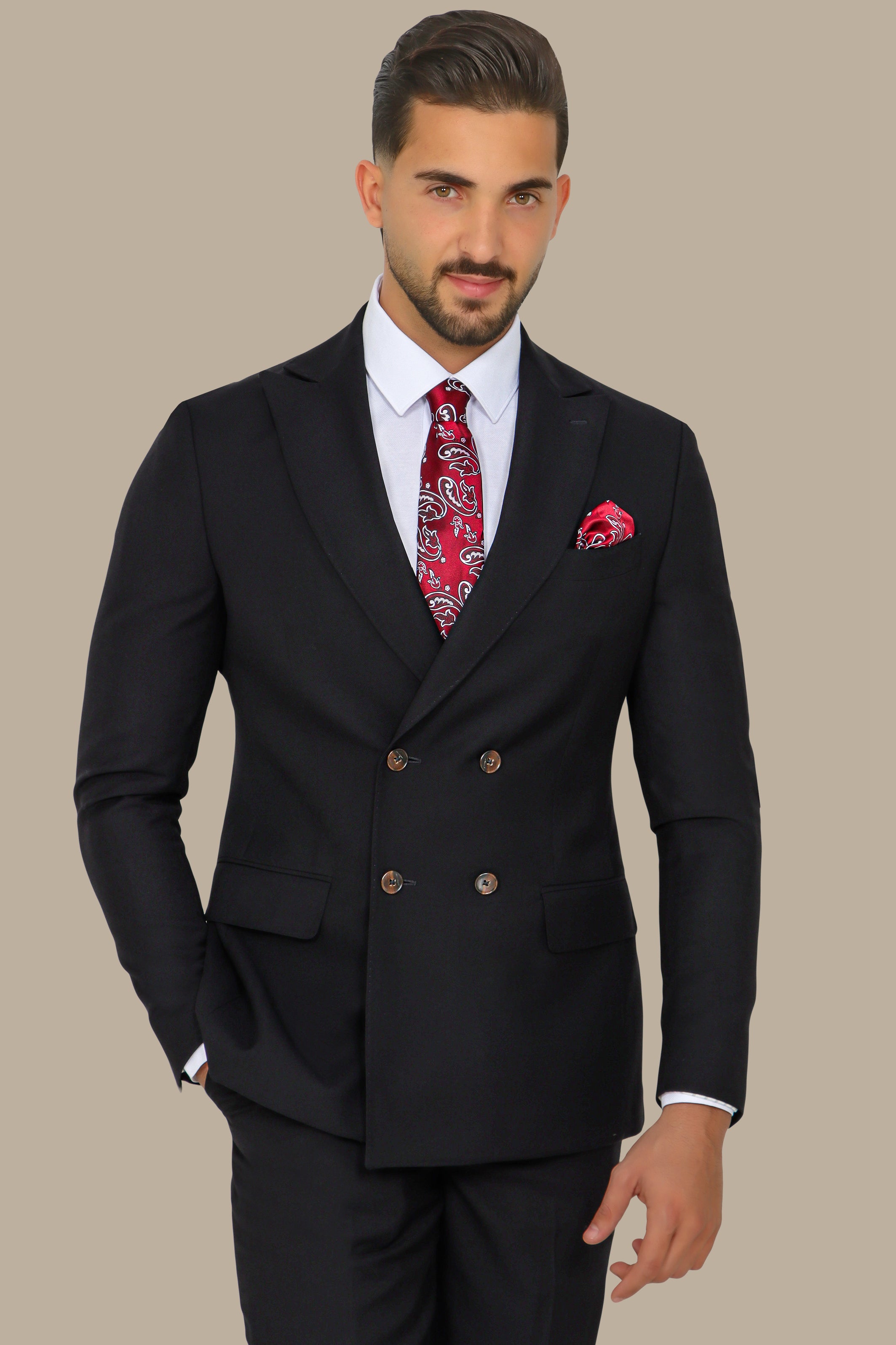 Black Piquet Double-Breasted Suit with Peak Lapel