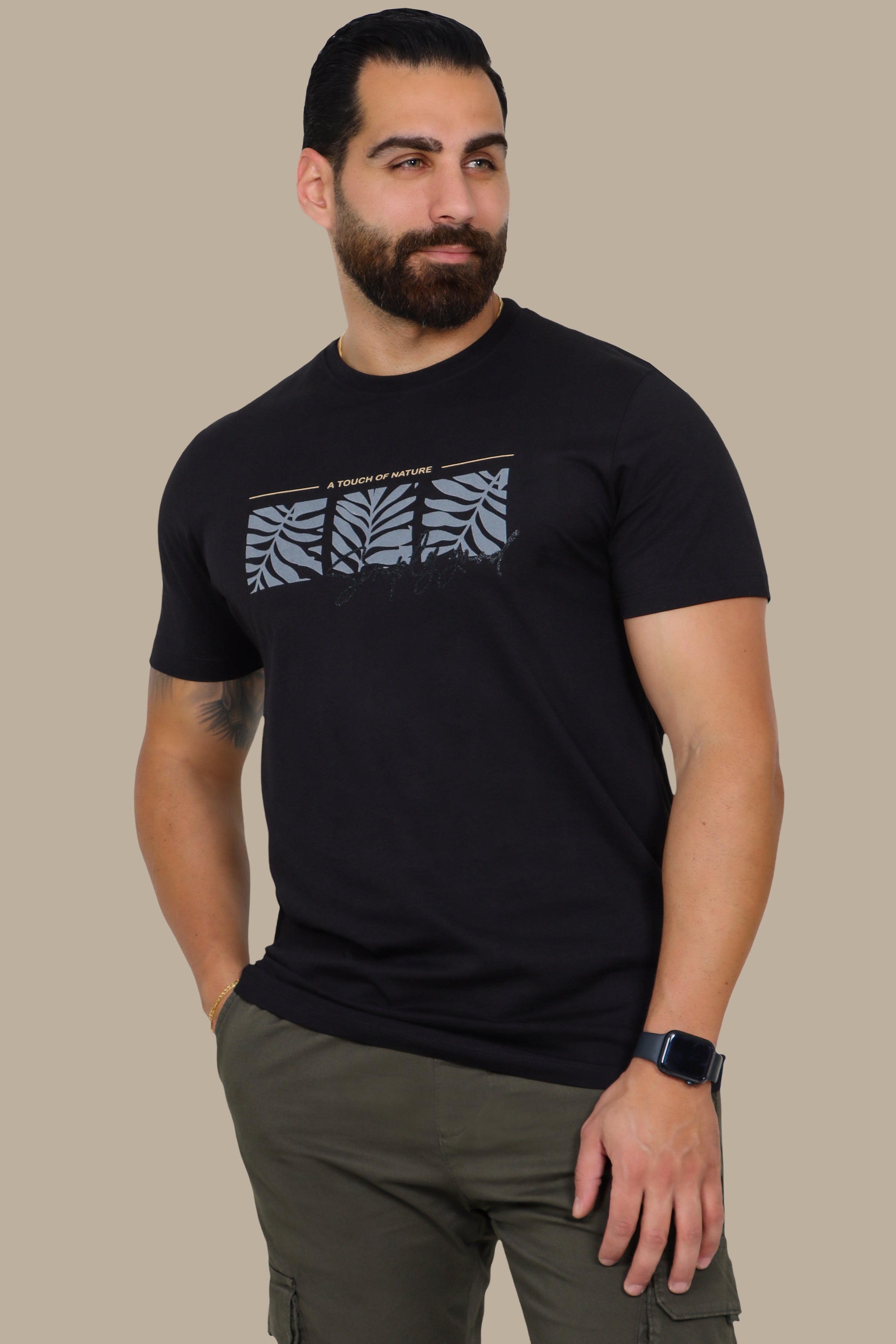 Black T-Shirt with Three Leaf Squares Print