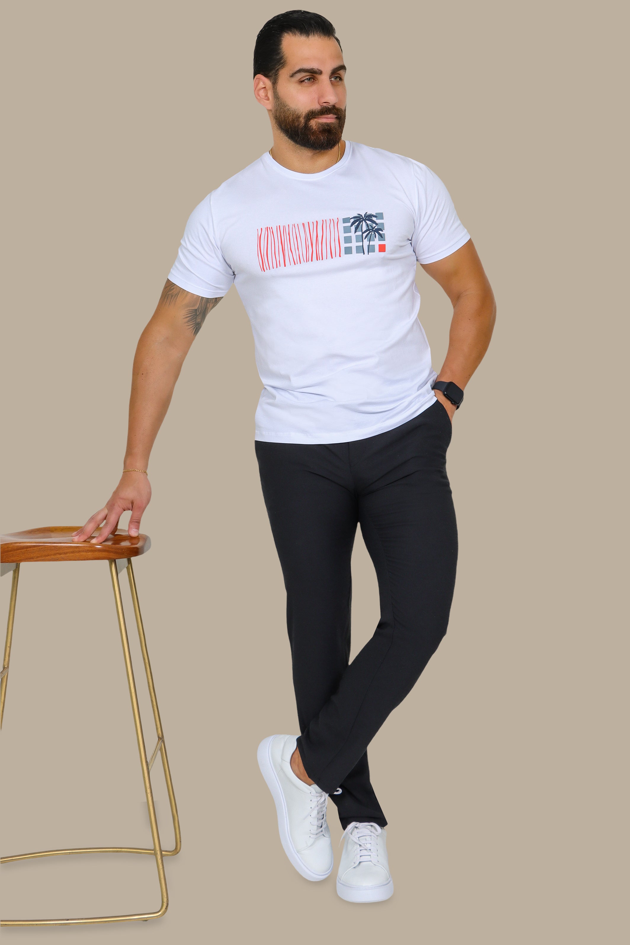 White T-Shirt with Palm Tree Print