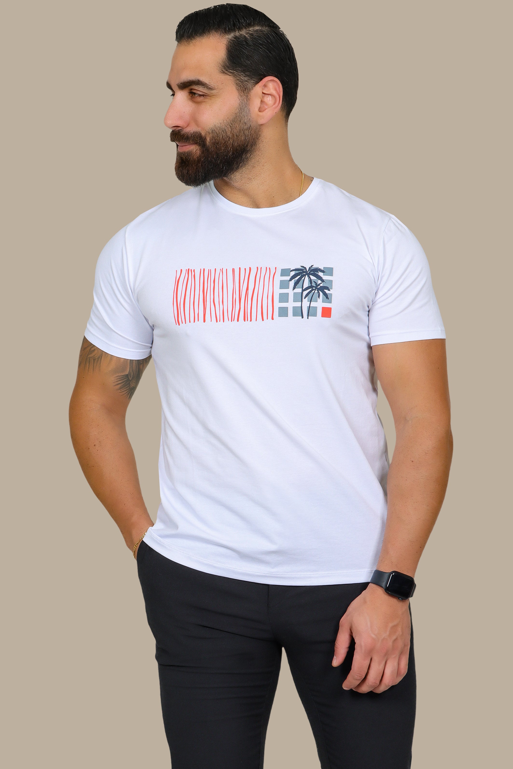 White T-Shirt with Palm Tree Print