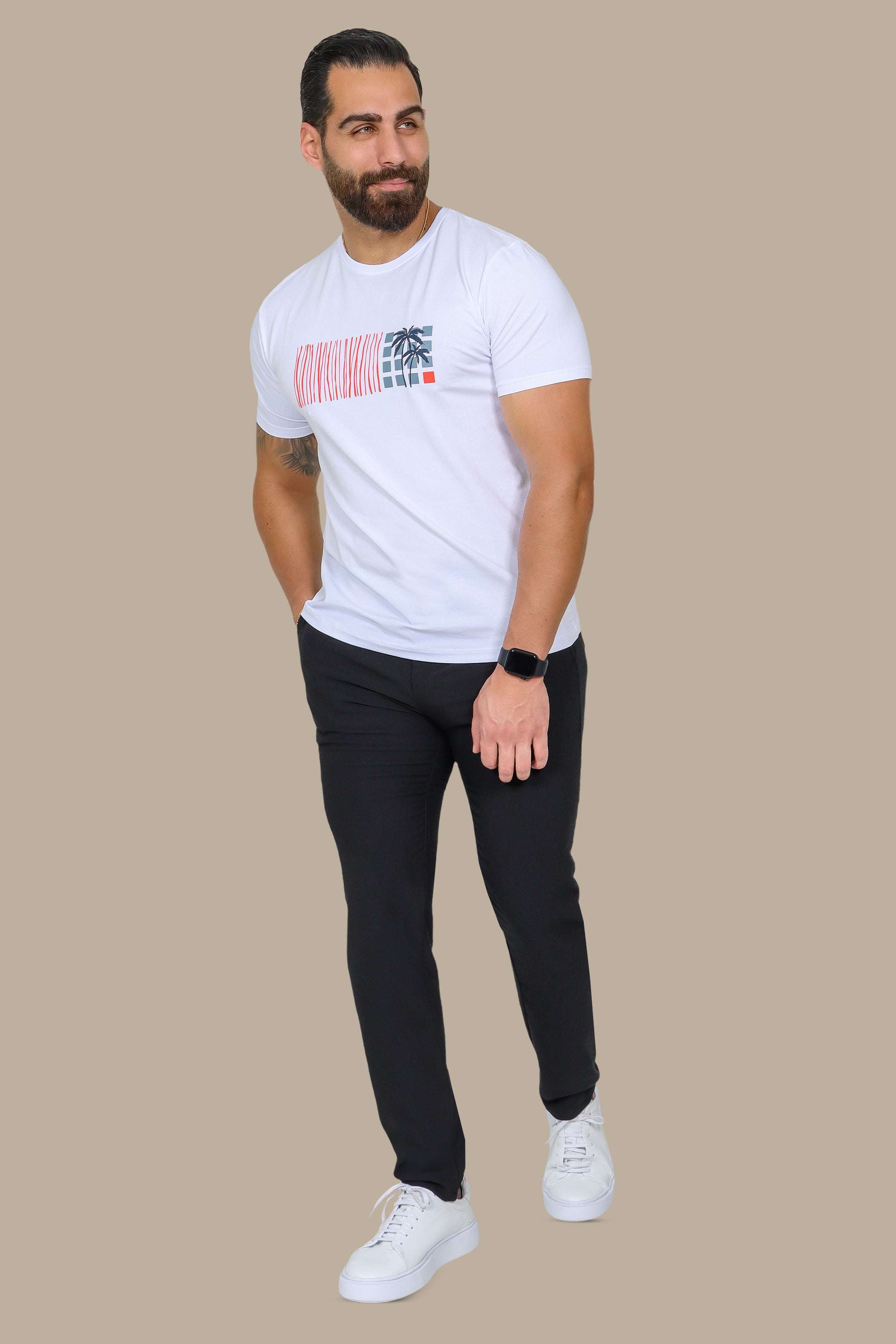 White T-Shirt with Palm Tree Print