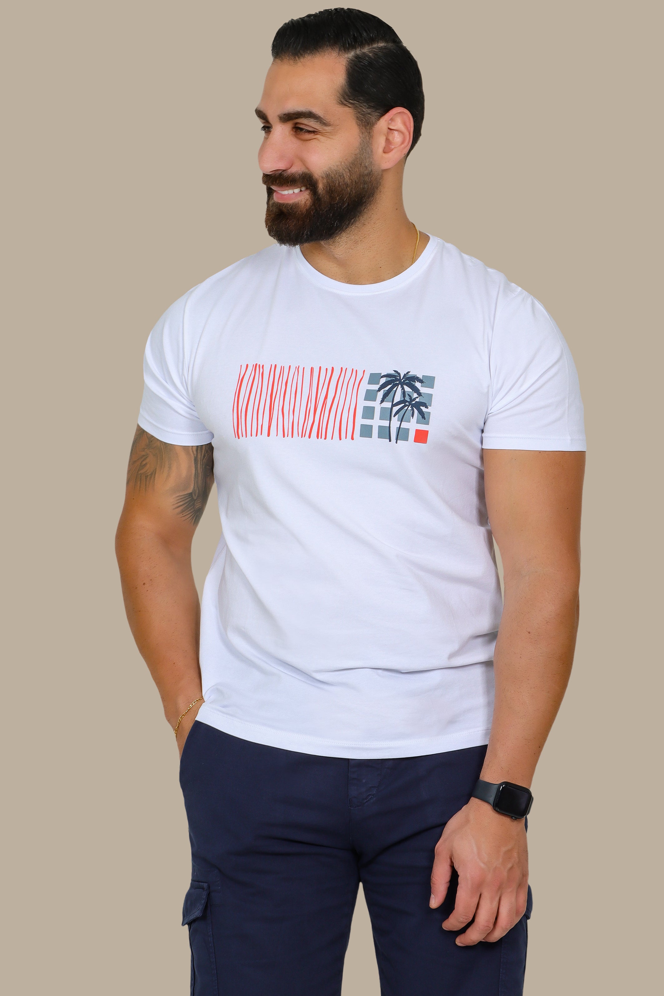 White T-Shirt with Palm Tree Print