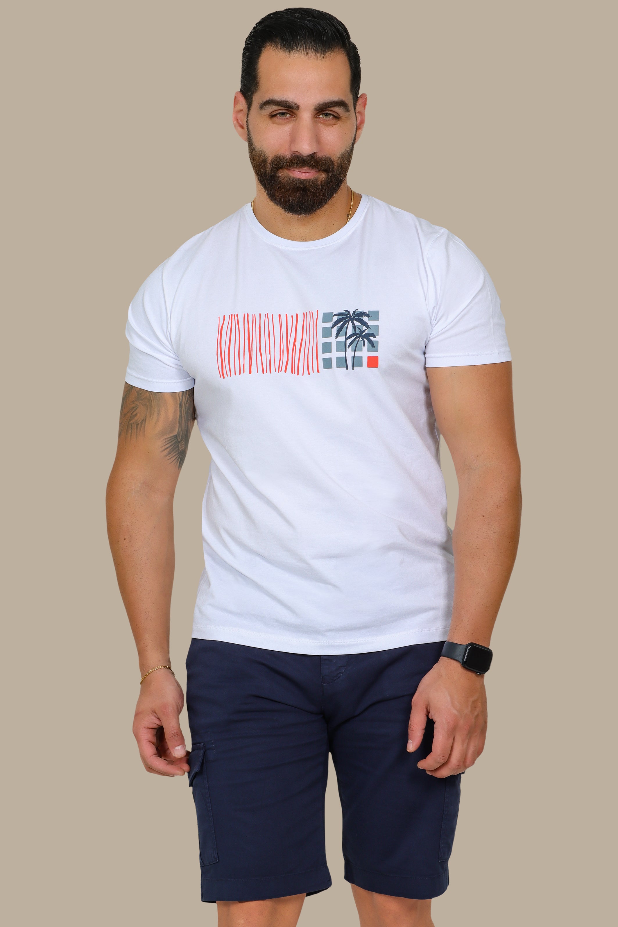 White T-Shirt with Palm Tree Print