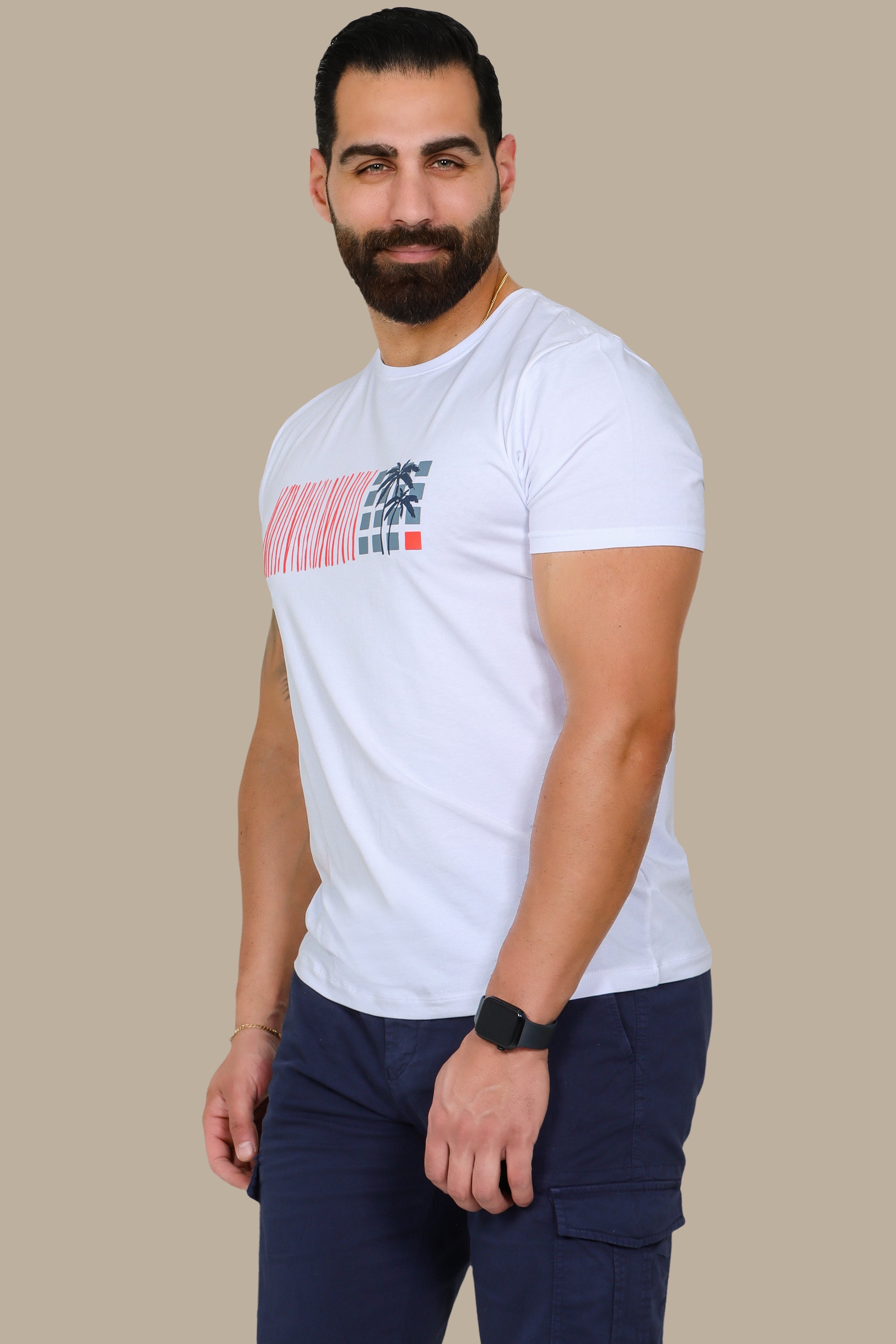 White T-Shirt with Palm Tree Print