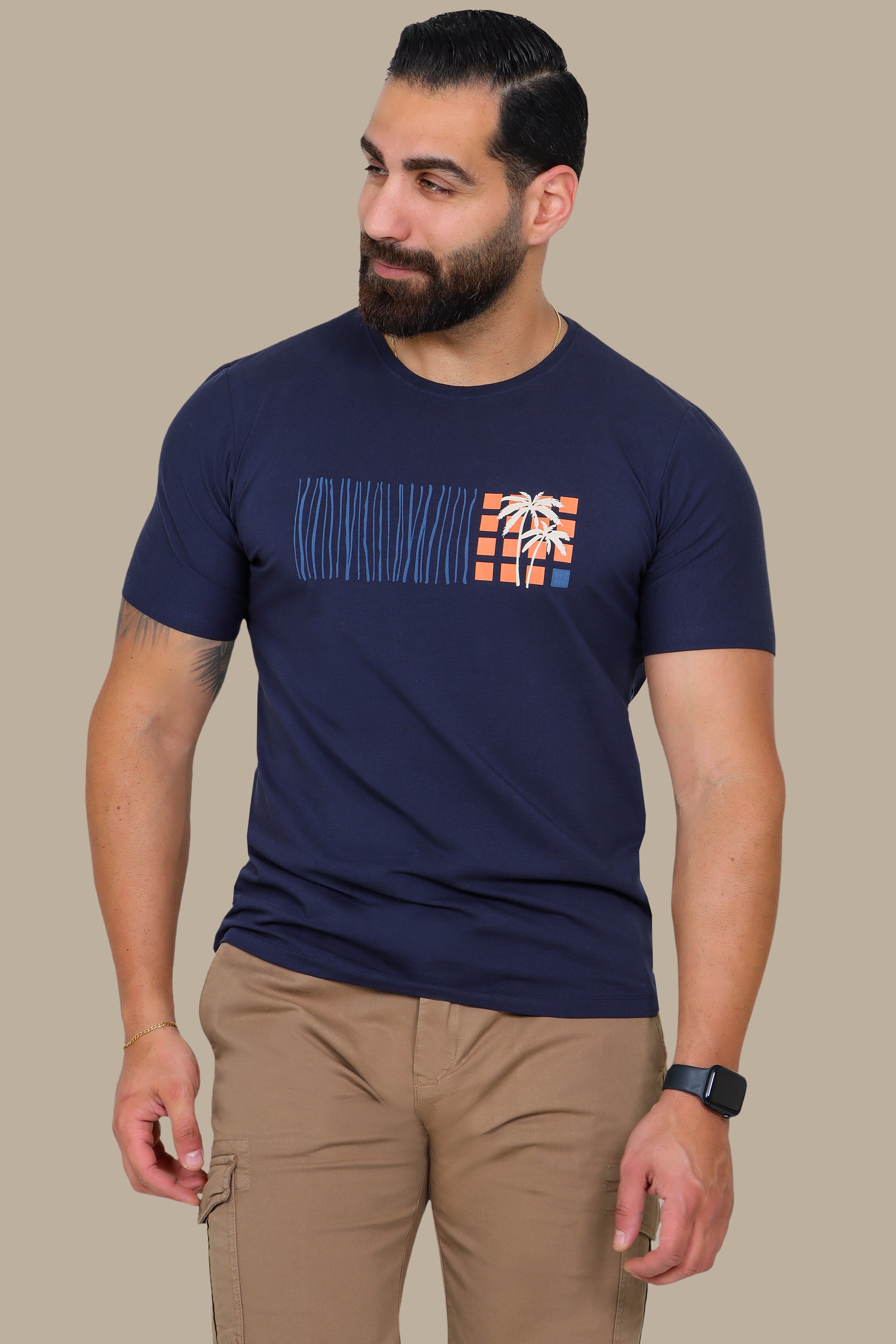 Navy T-Shirt with Palm Print