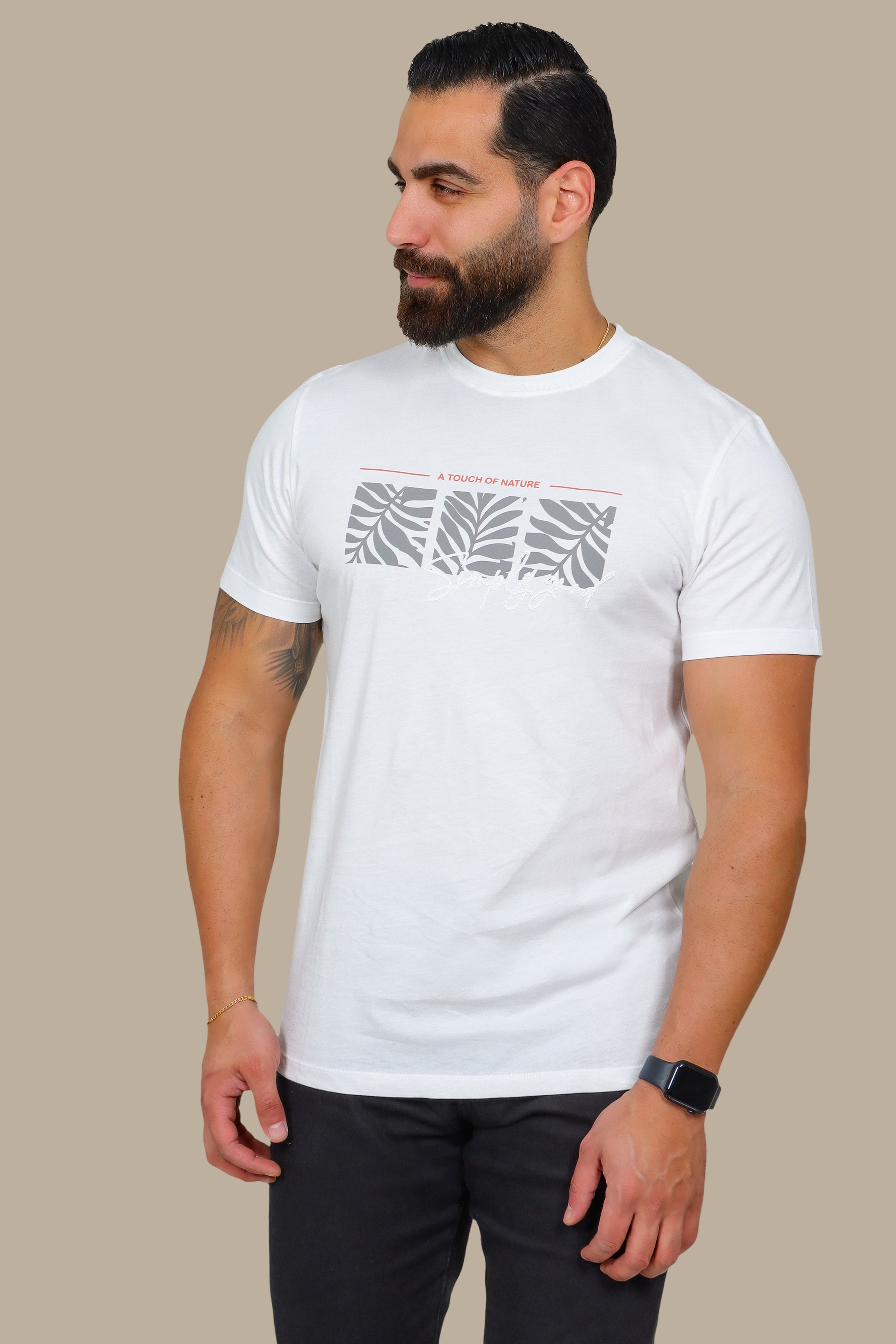 White T-Shirt with Three Leaf Squares Print
