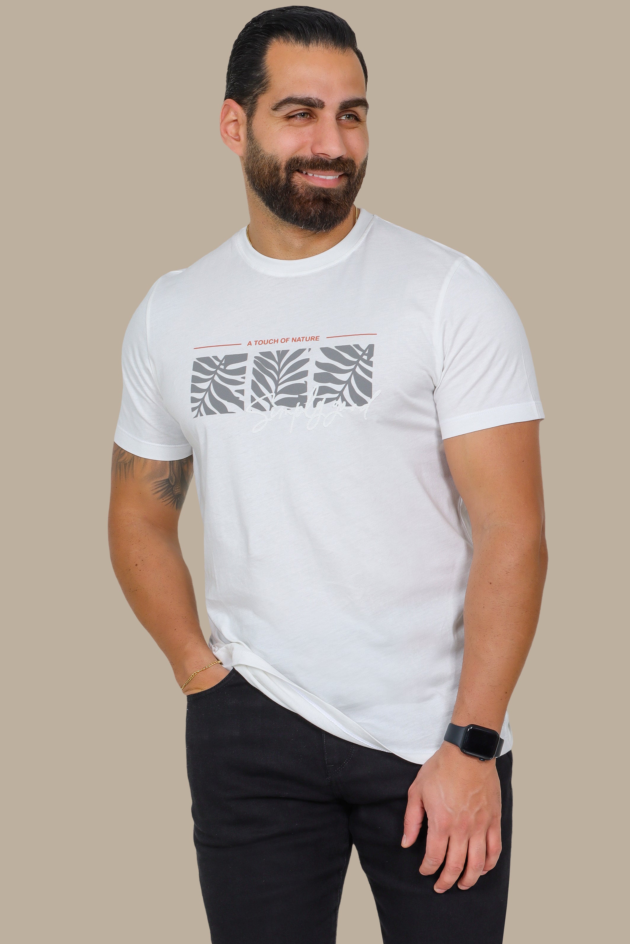White T-Shirt with Three Leaf Squares Print