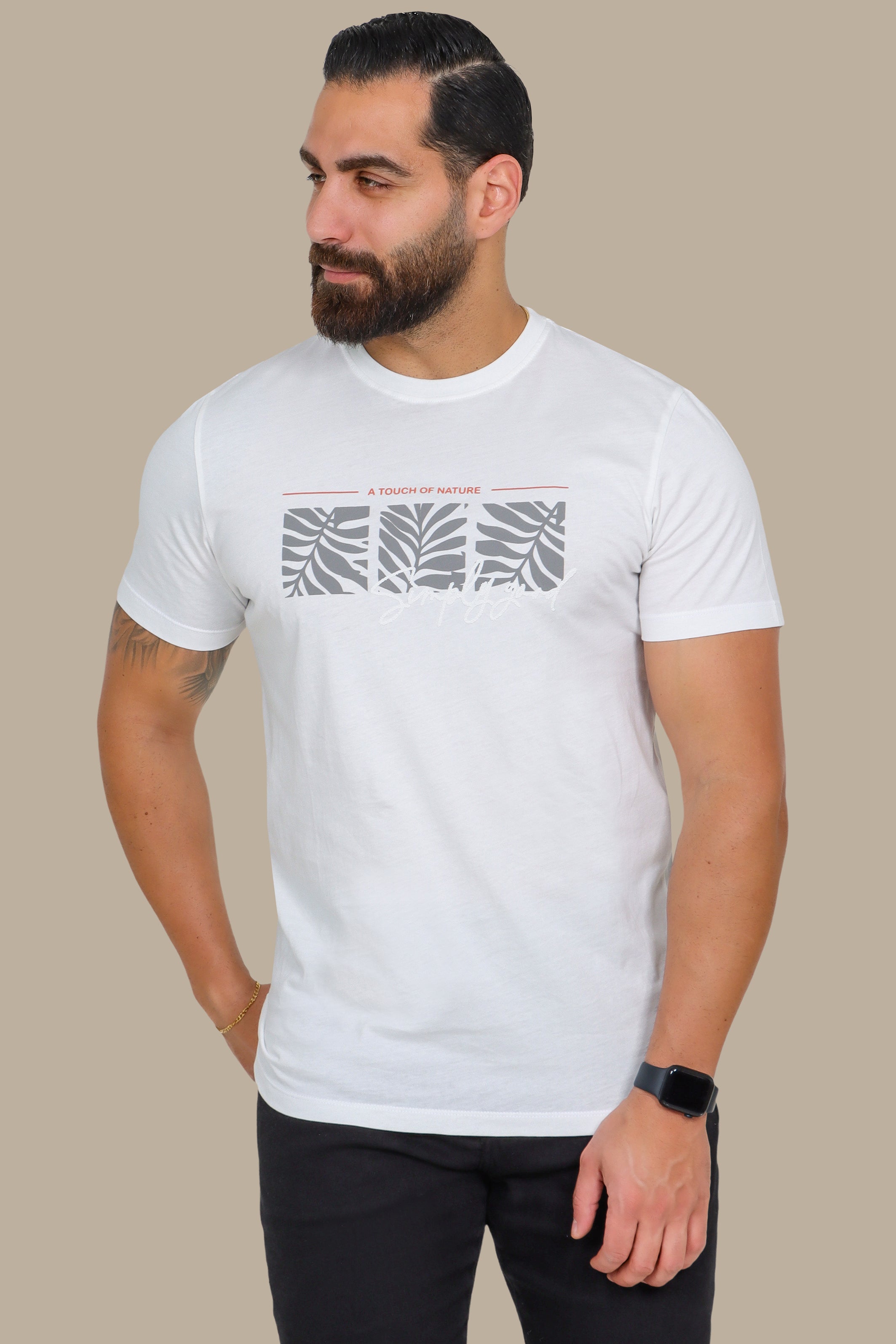 White T-Shirt with Three Leaf Squares Print