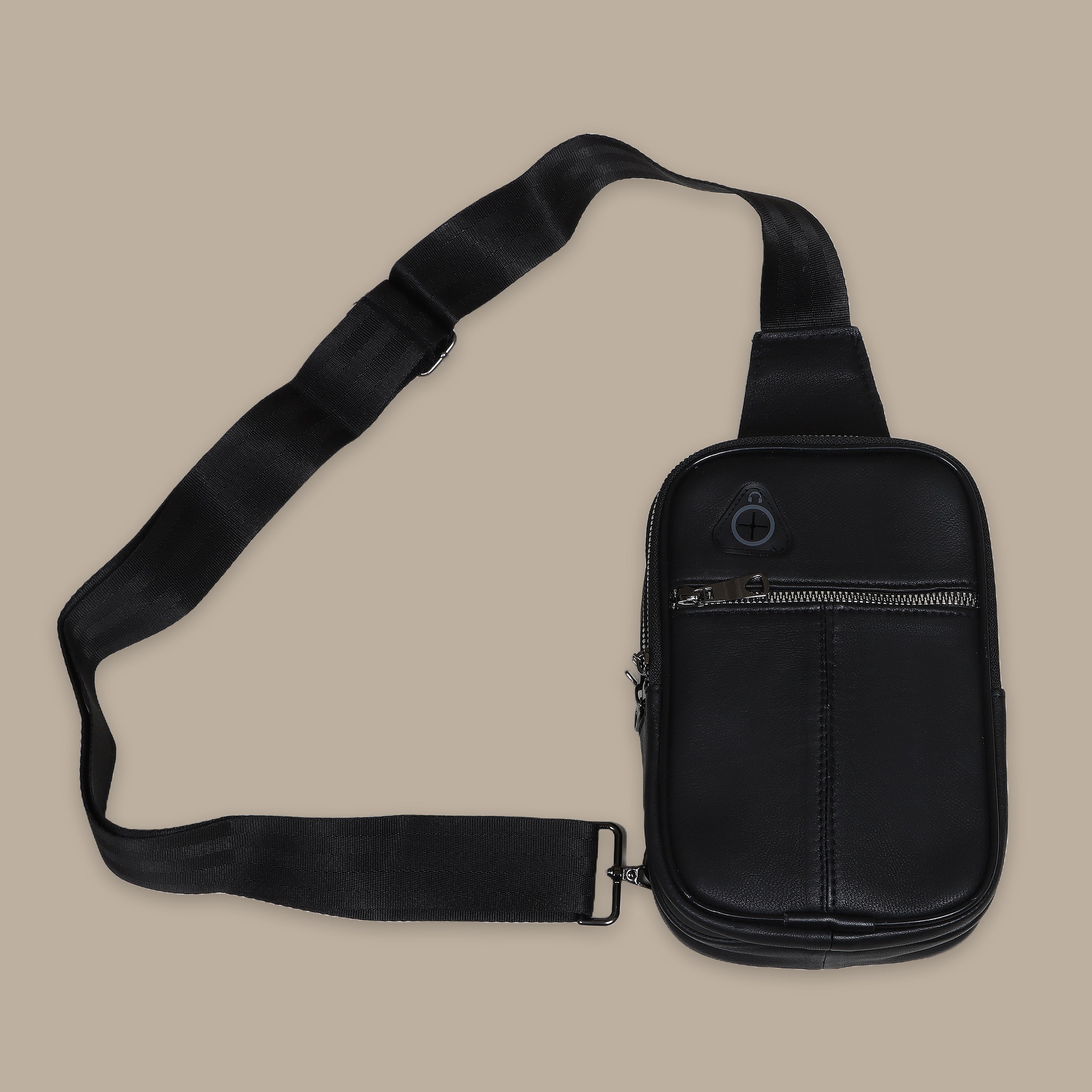 Noir Harmony: Black Leather Crossbody with Earphone Access