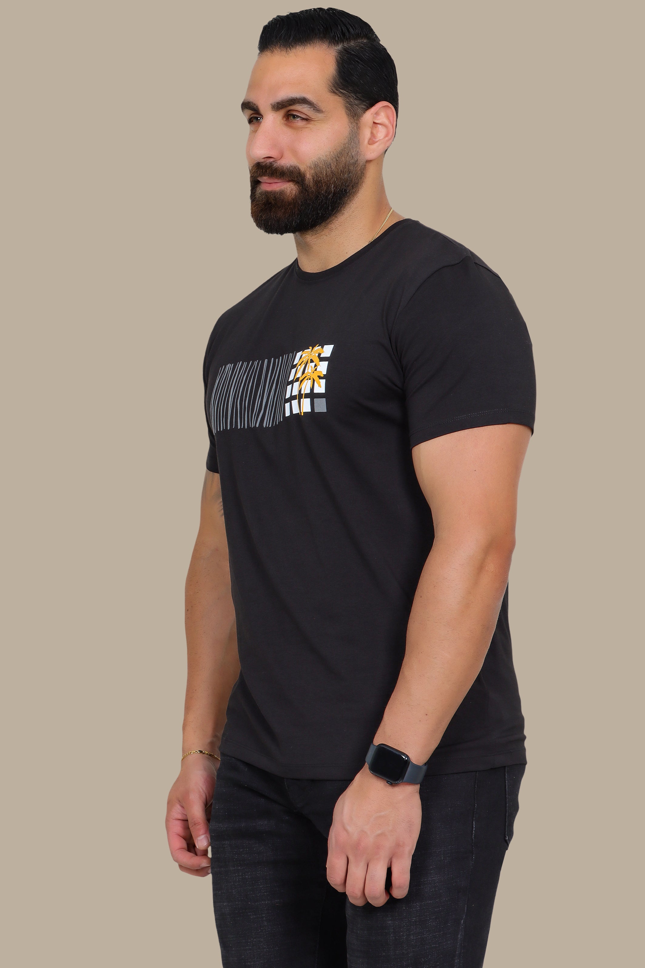 Black T-Shirt with Palm Tree Print