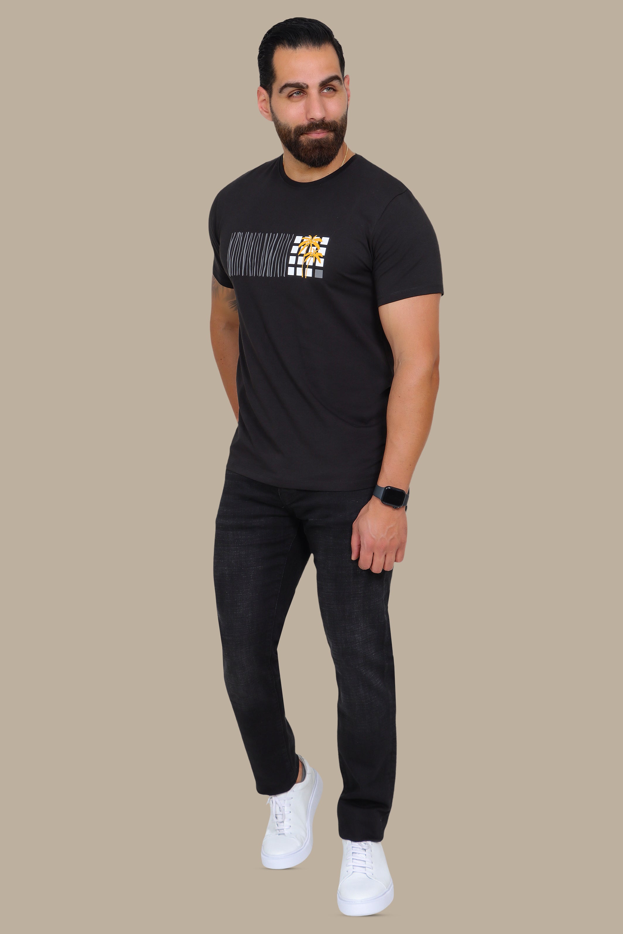 Black T-Shirt with Palm Tree Print