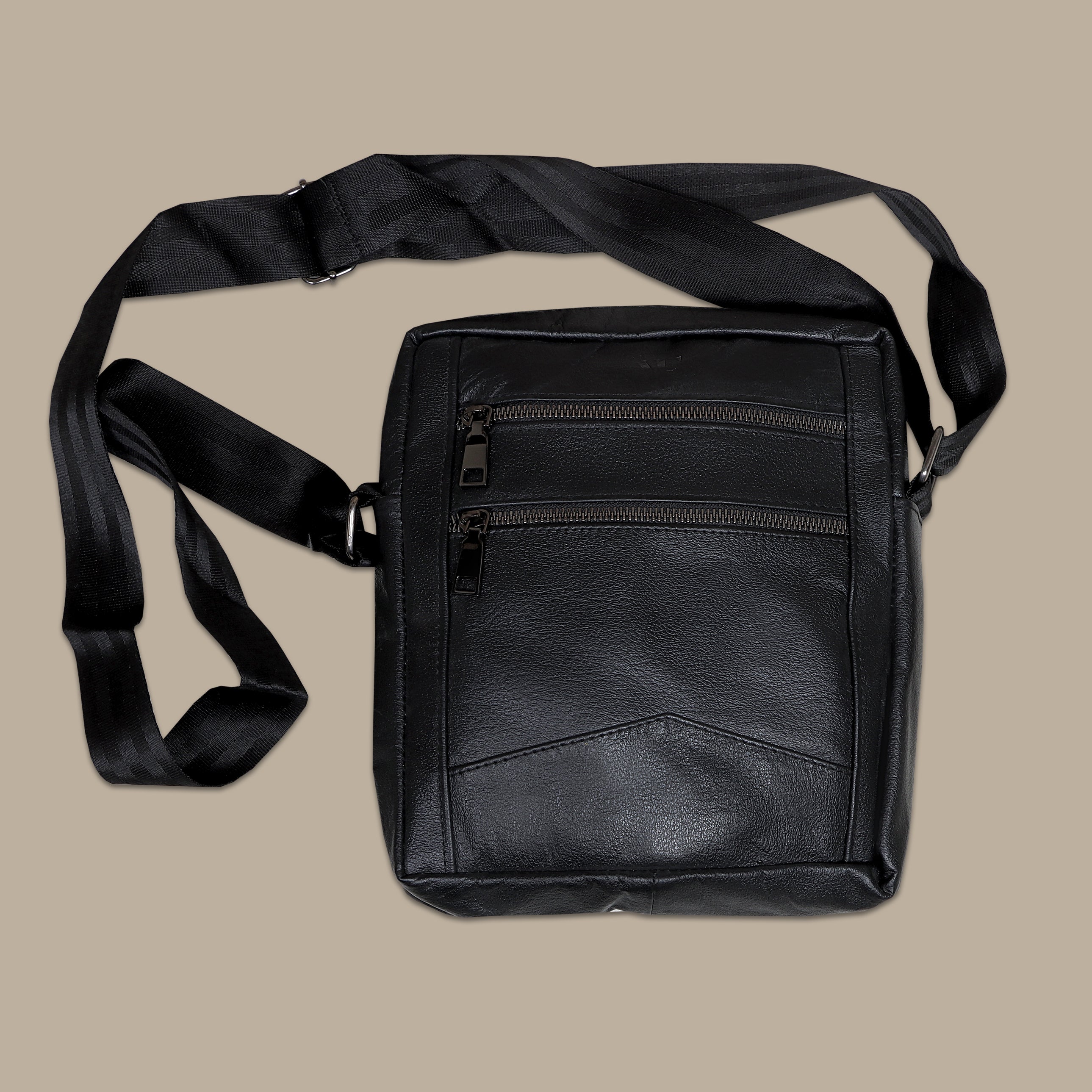 Triple Noir: Sleek Cross Bag with Three Black Zippers