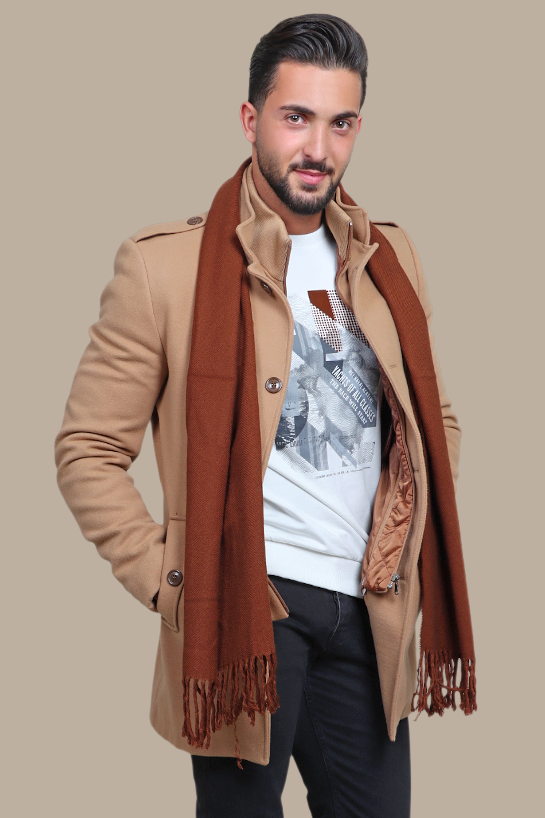Beige Coat with Detachable Mao Collar
