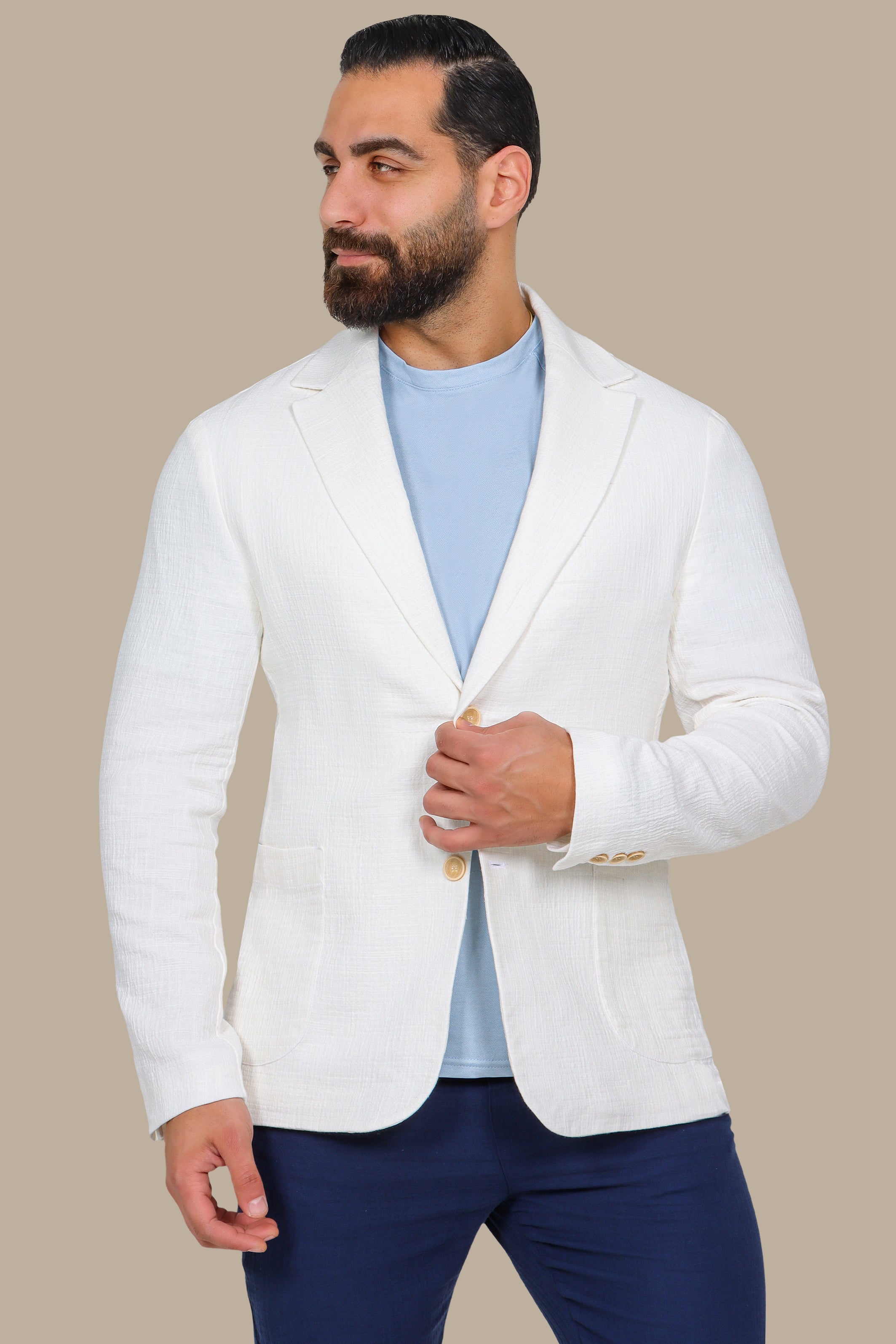 White Linen Blazer with Notch Lapel