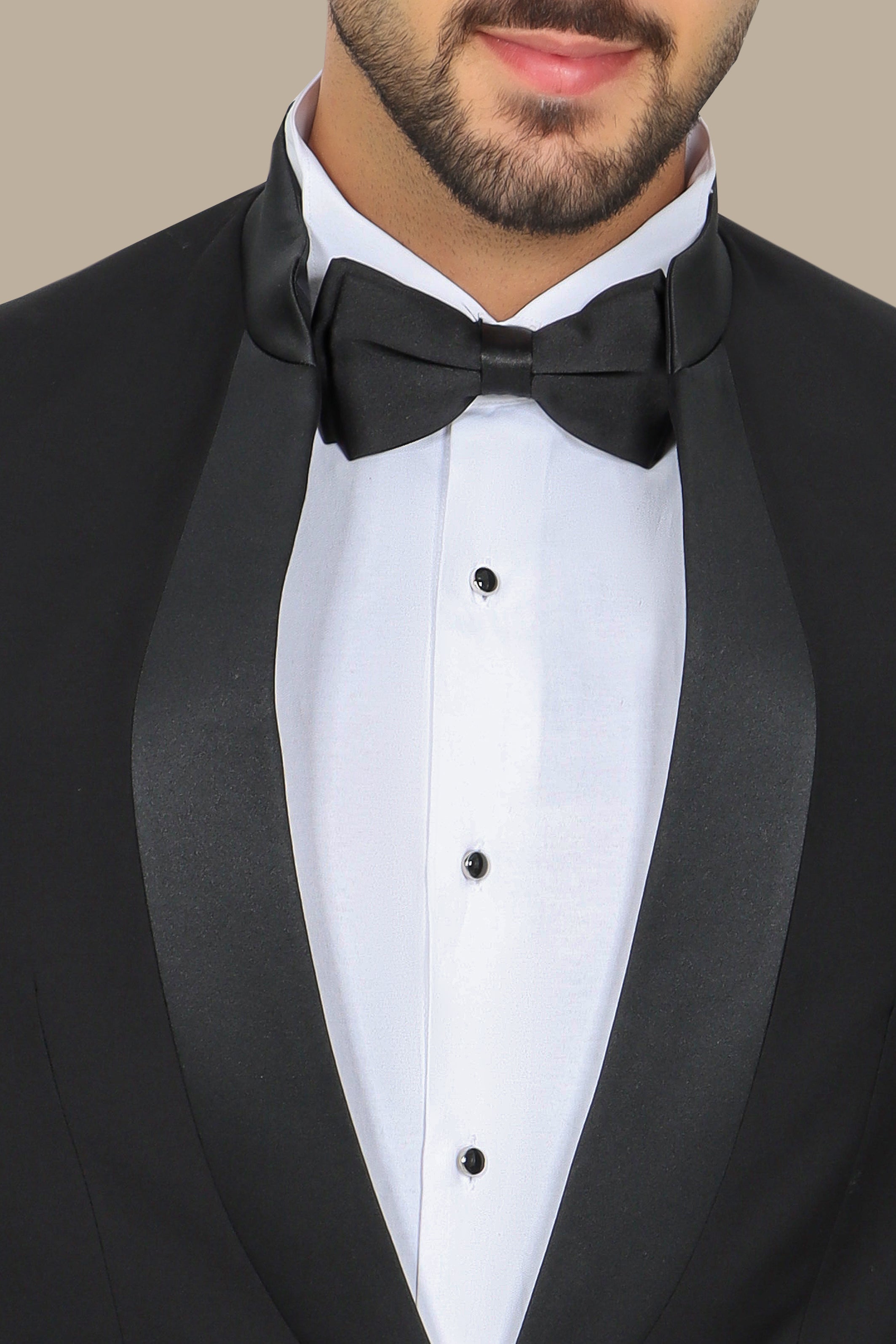 Black Mandarin Collar Tuxedo with Satin Piping