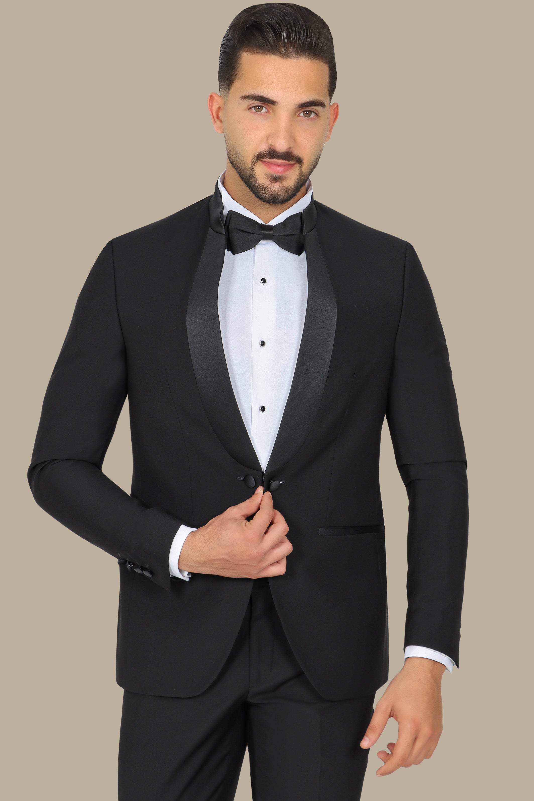 Black Mandarin Collar Tuxedo with Satin Piping