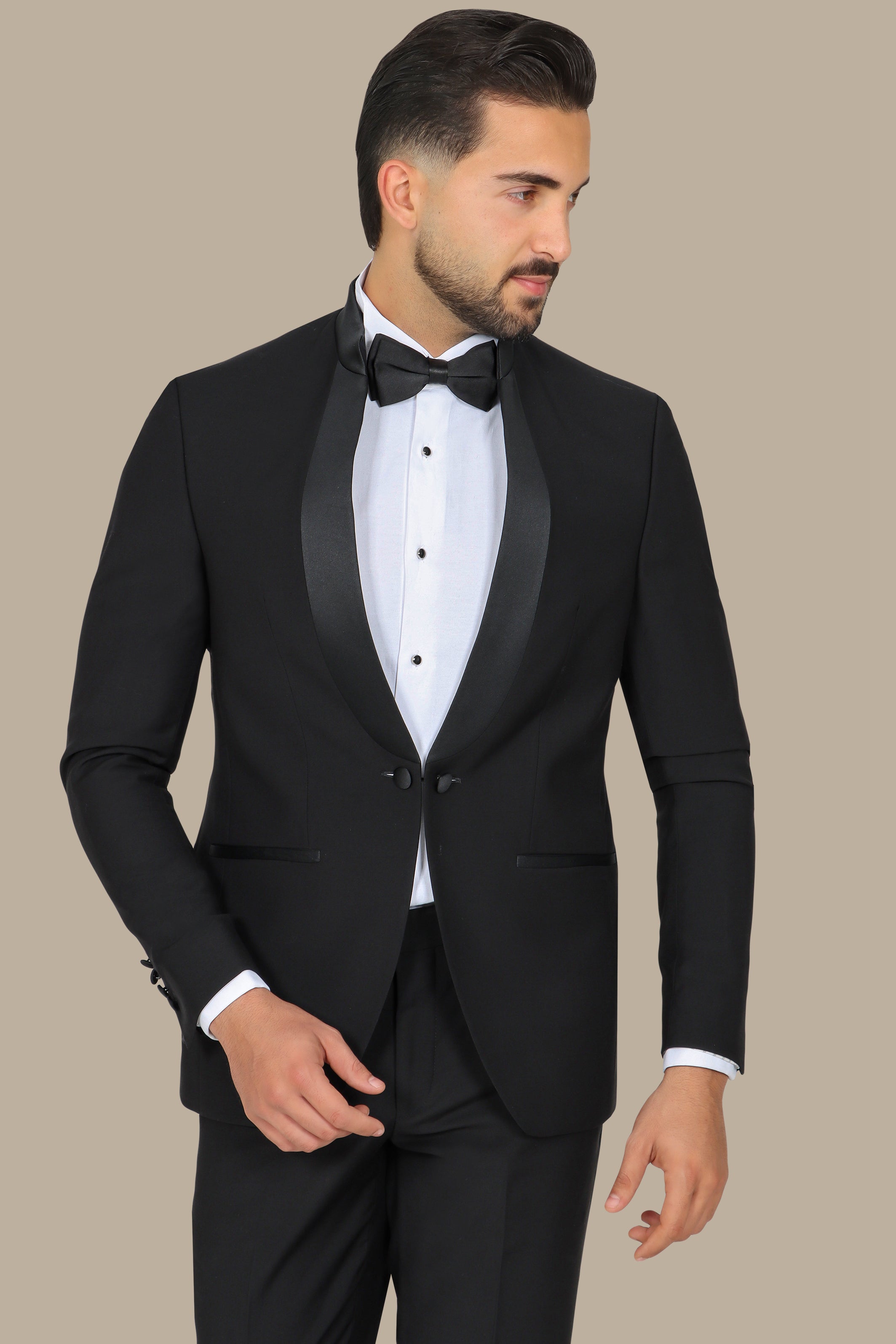 Black Mandarin Collar Tuxedo with Satin Piping