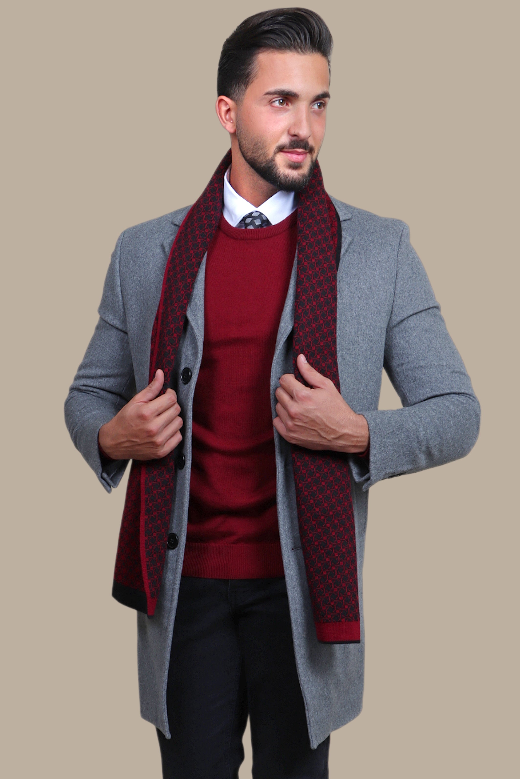 Grey Basic Coat with Detachable Collar