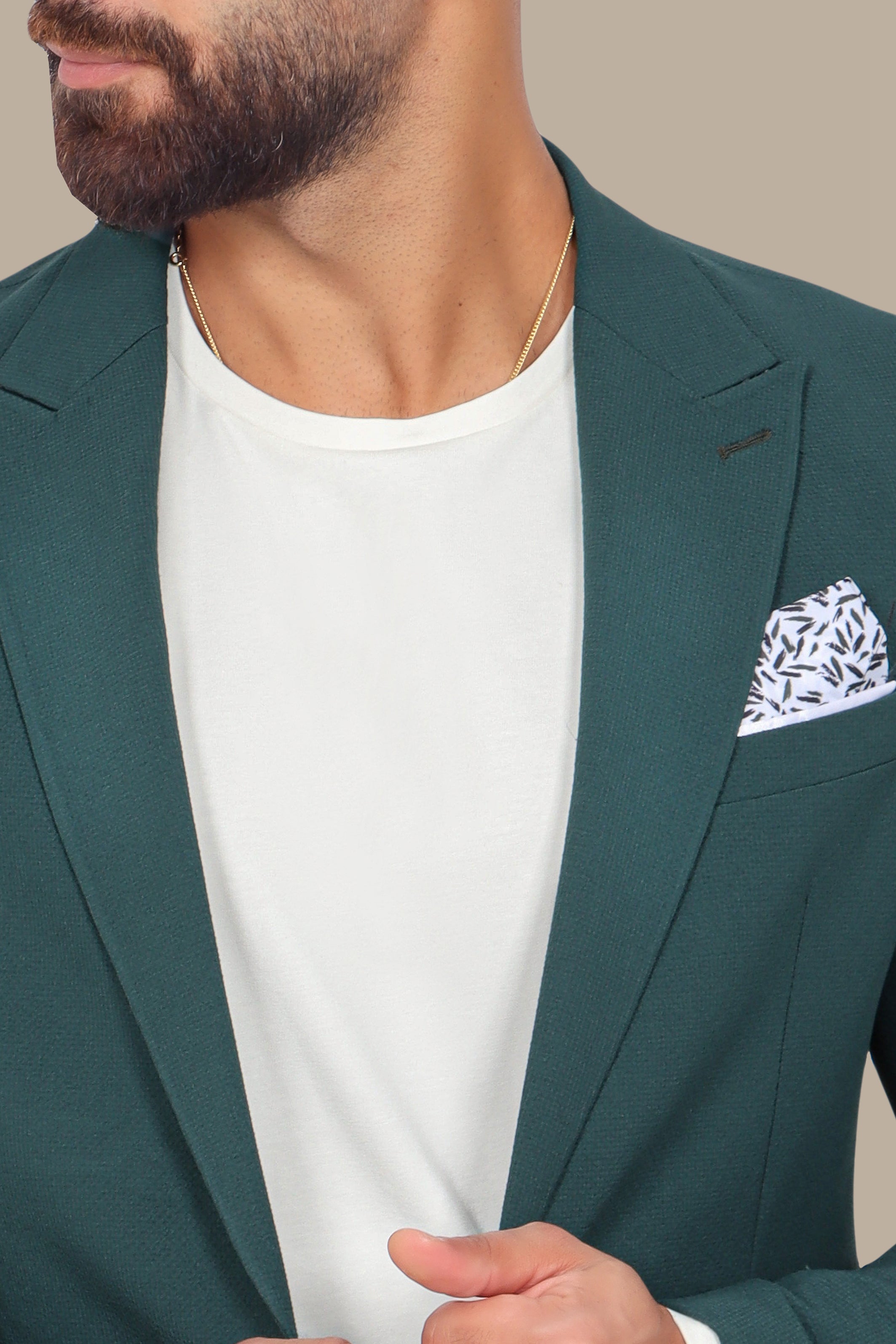 Green Travel Suit: Structured 2-Piece with notch Lapel