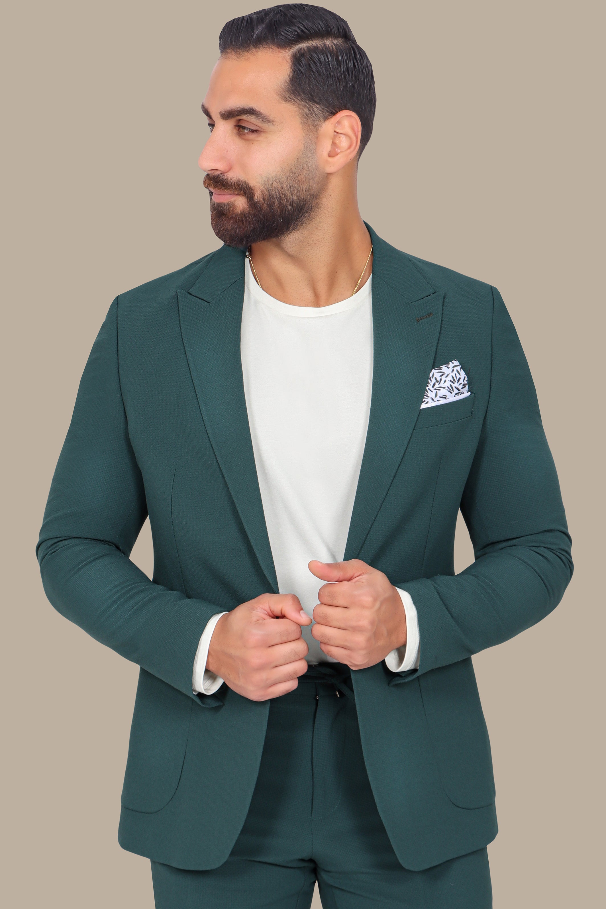 Green Travel Suit: Structured 2-Piece with notch Lapel