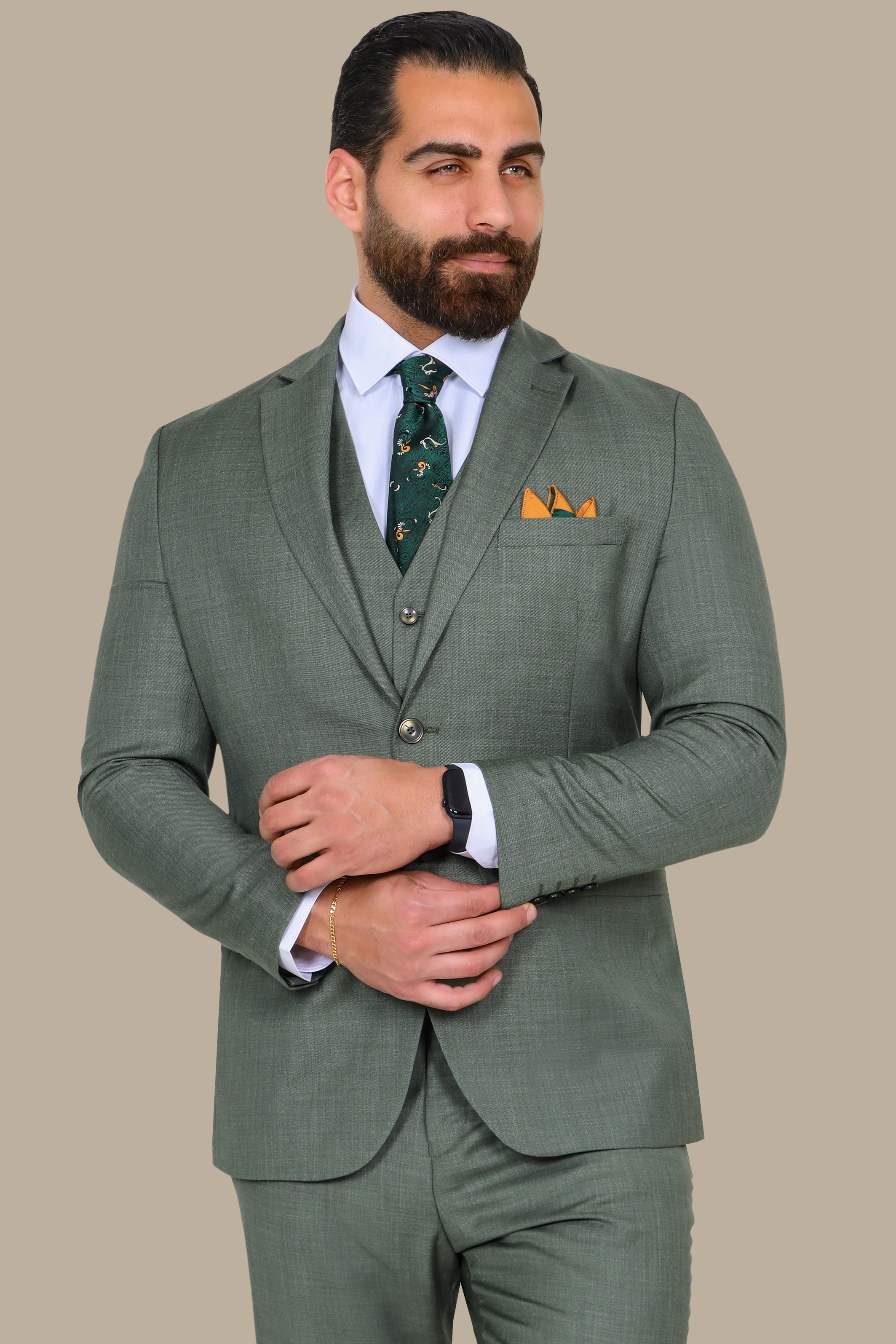 Olive Fil-à-Fil 3-Piece Suit with Notch Lapel