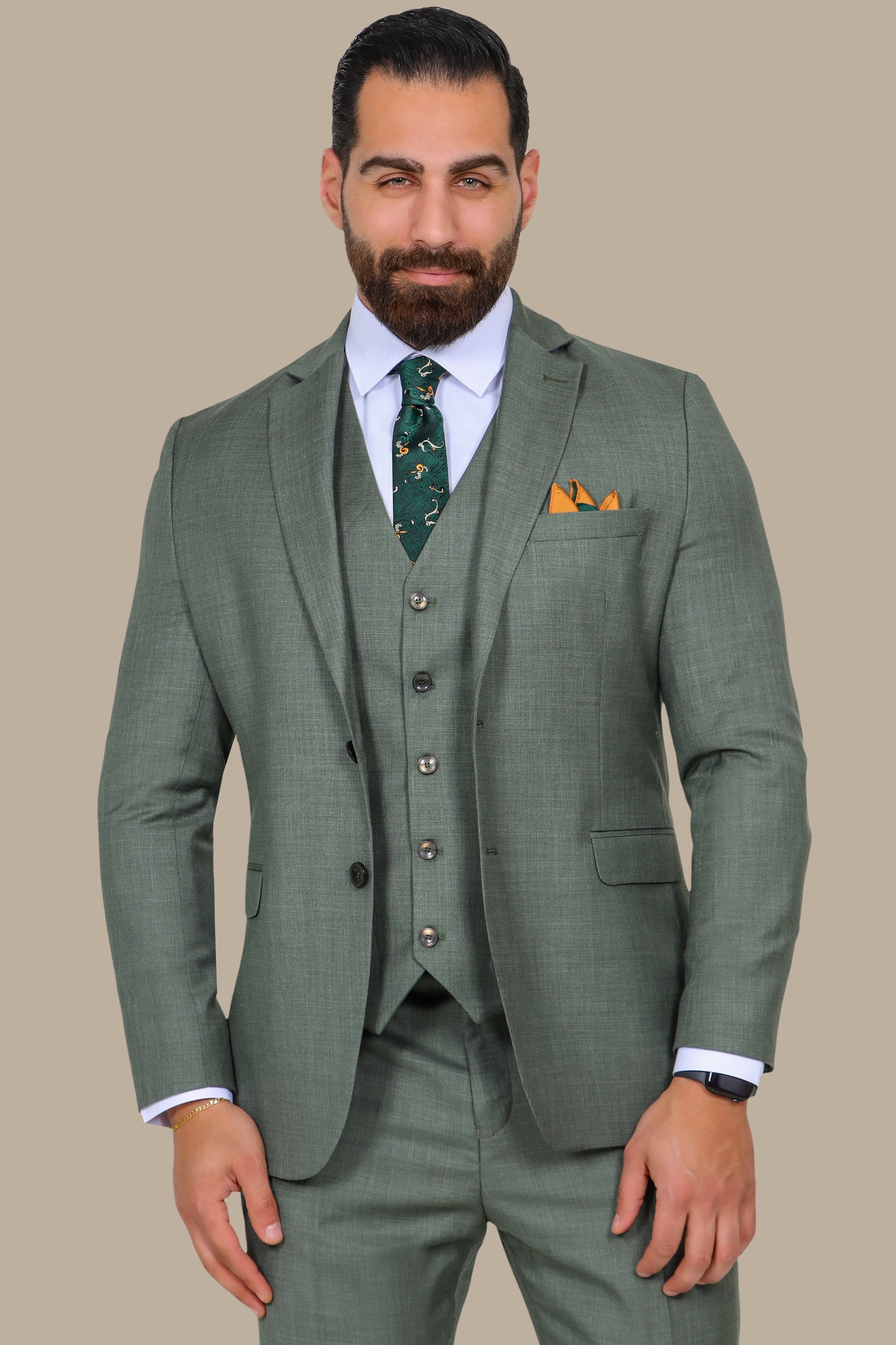 Olive Fil-à-Fil 3-Piece Suit with Notch Lapel