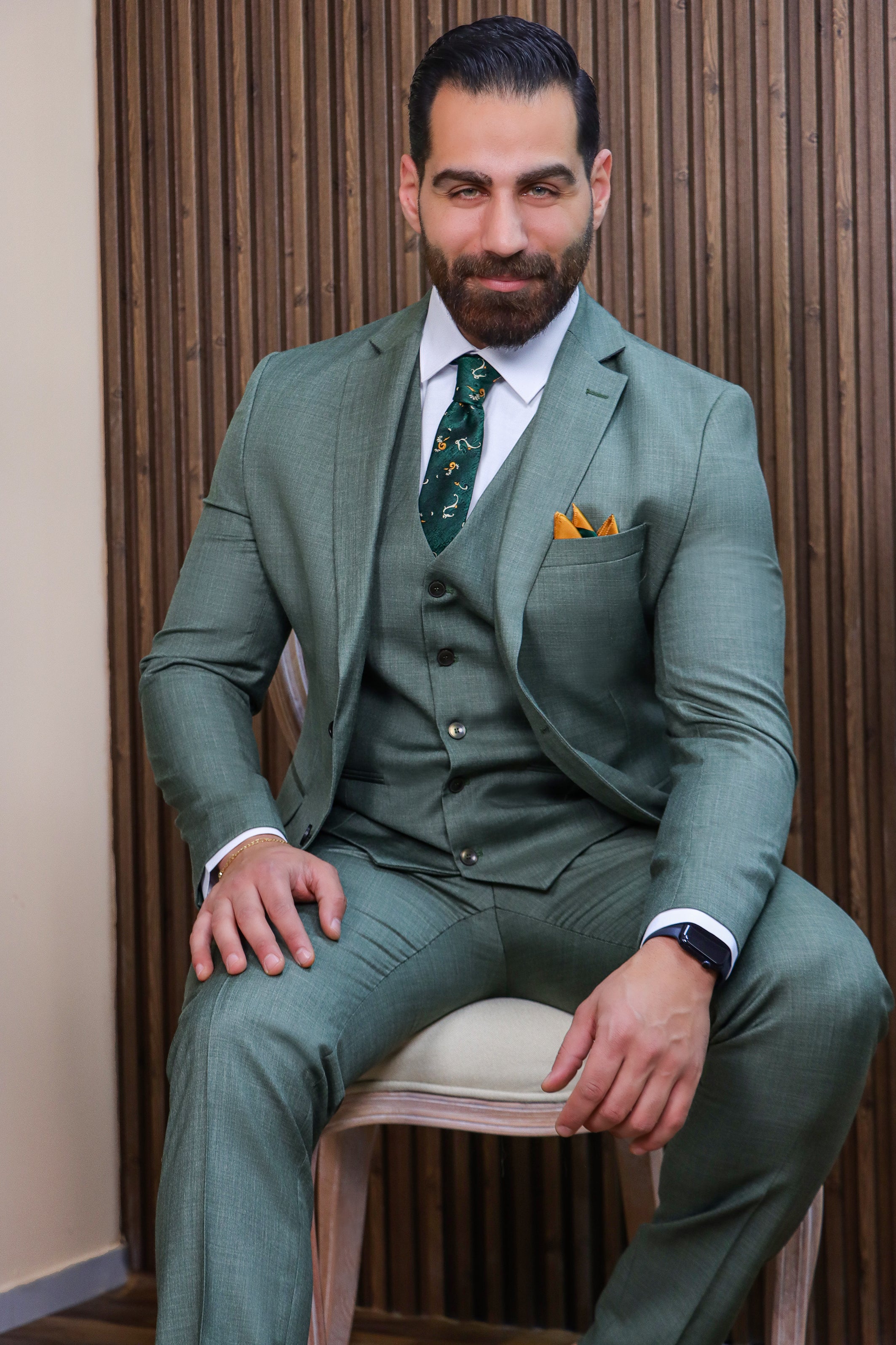 Olive Fil-à-Fil 3-Piece Suit with Notch Lapel