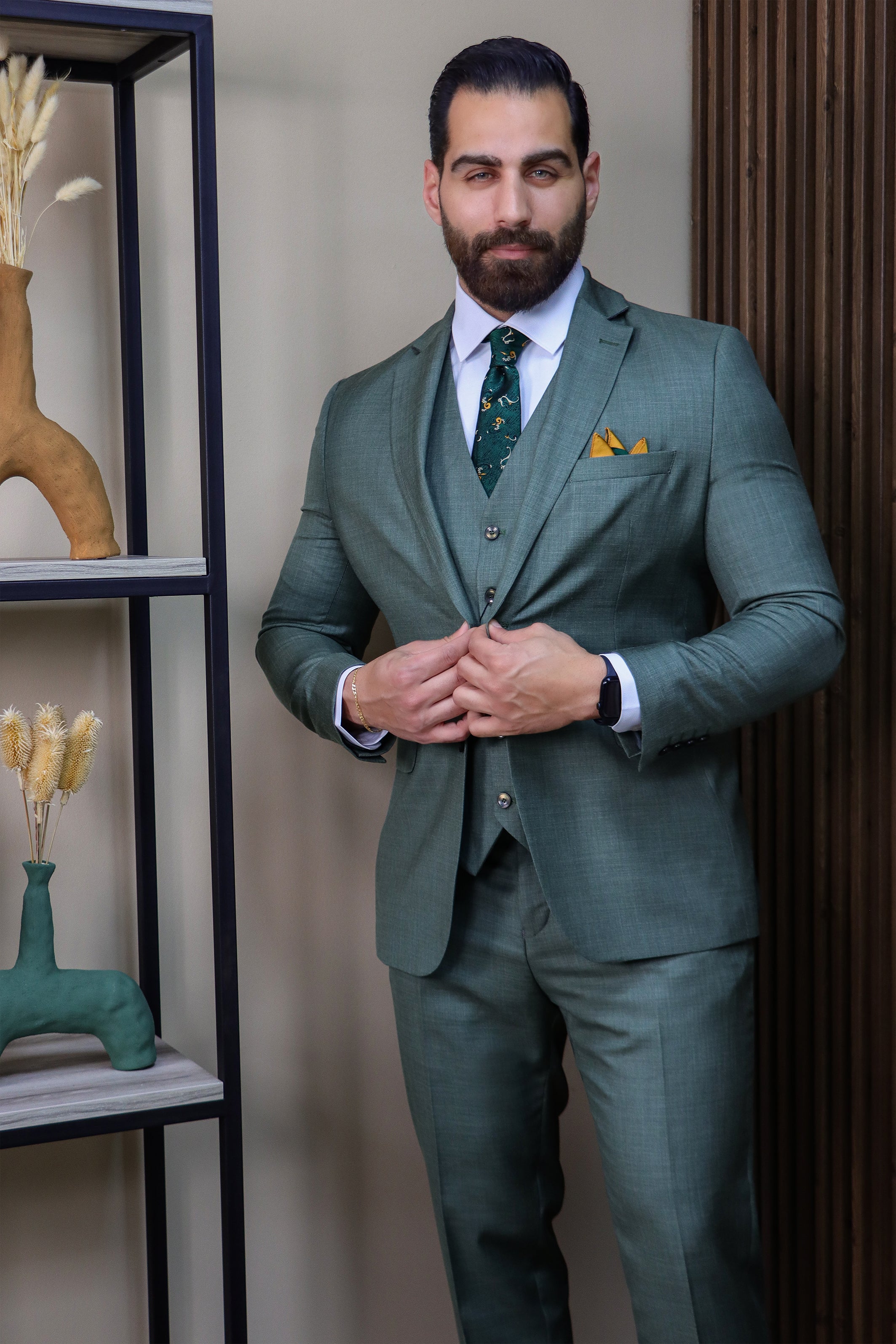 Olive Fil-à-Fil 3-Piece Suit with Notch Lapel
