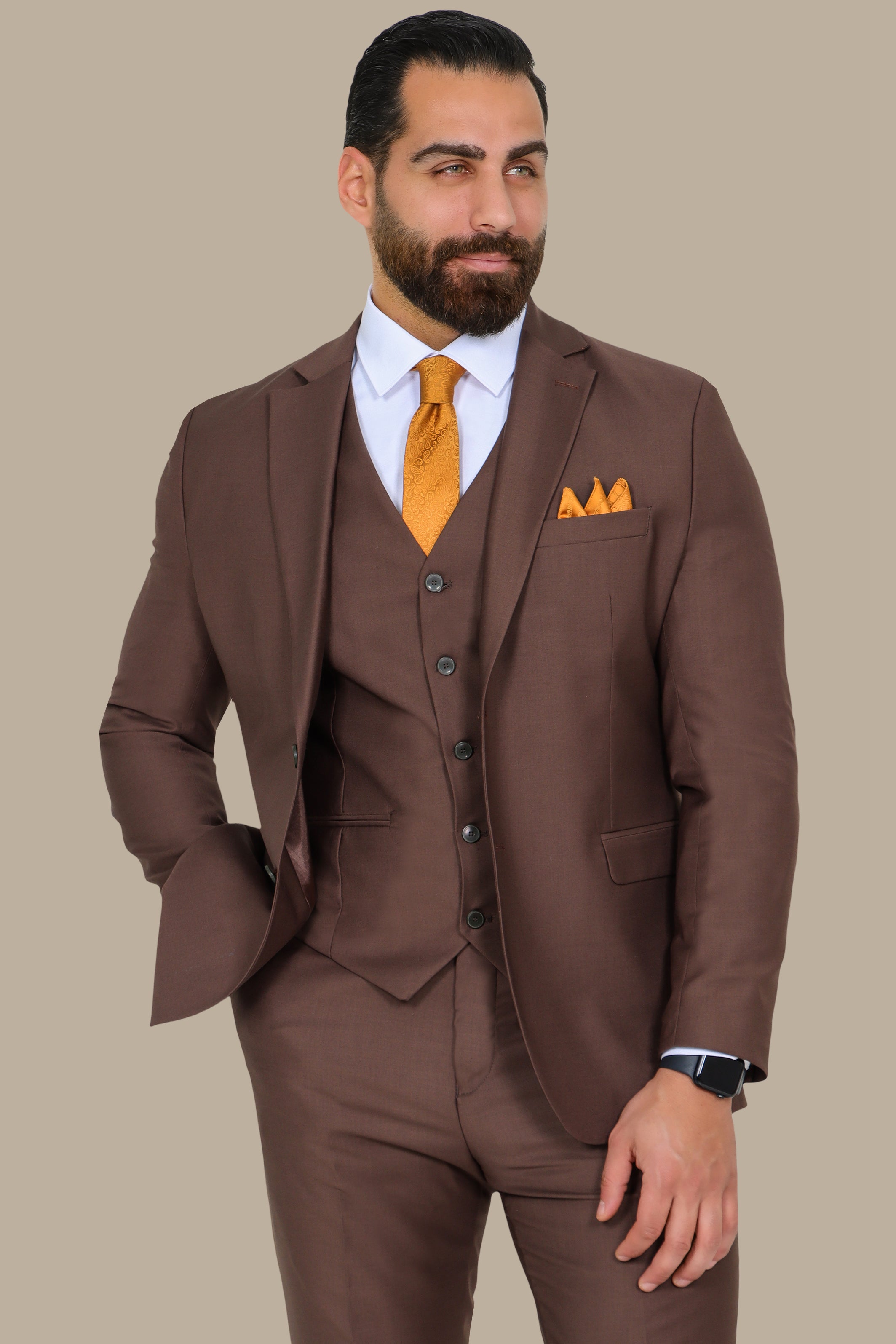 Brown Polyviscose 3-Piece Suit with Notch Lapel