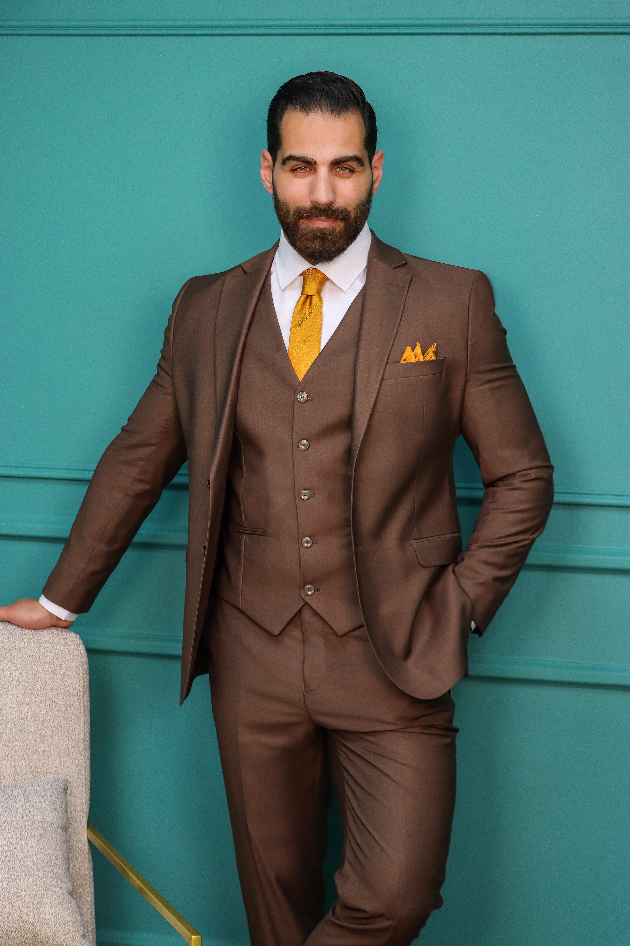 Brown Polyviscose 3-Piece Suit with Notch Lapel