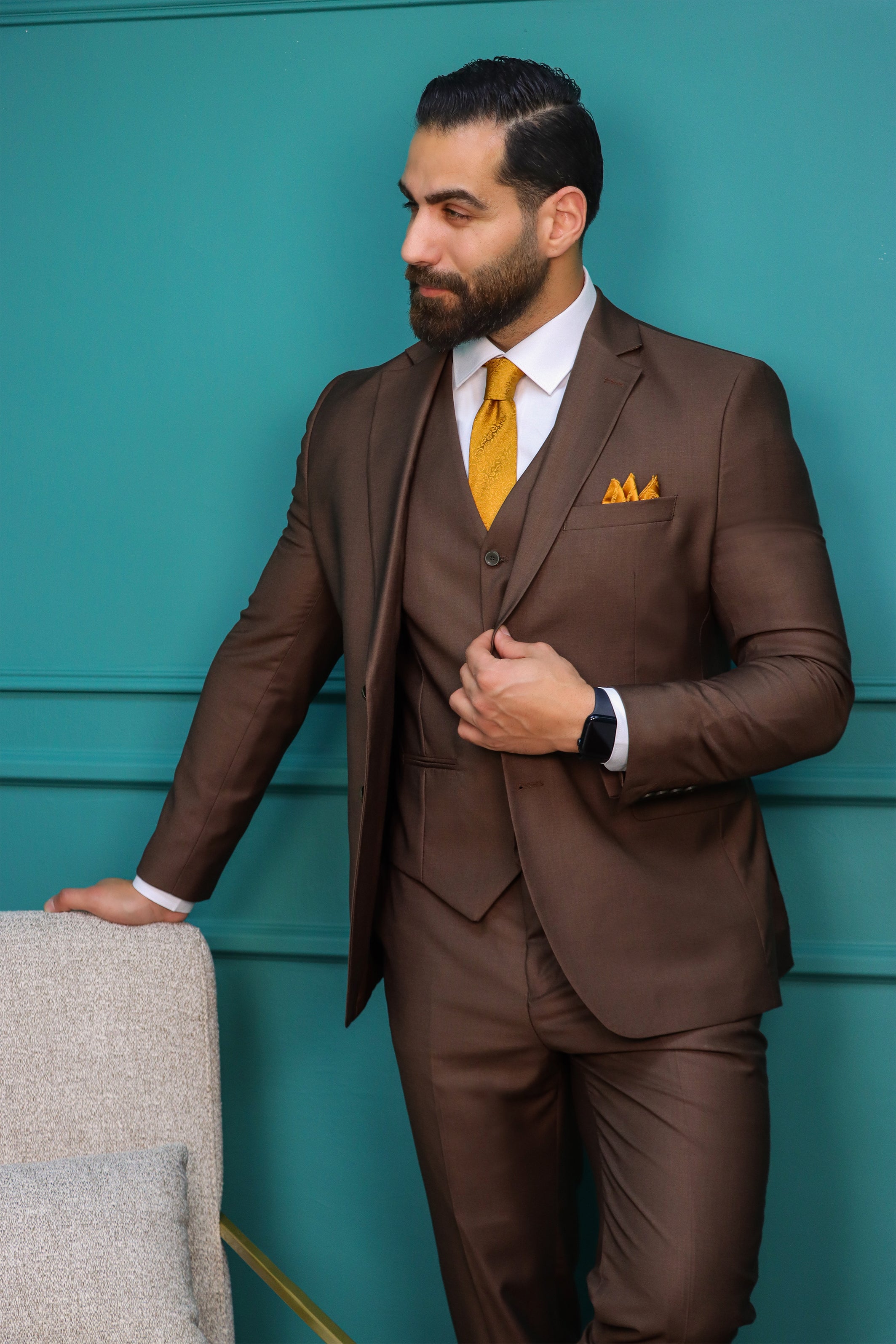 Brown Polyviscose 3-Piece Suit with Notch Lapel