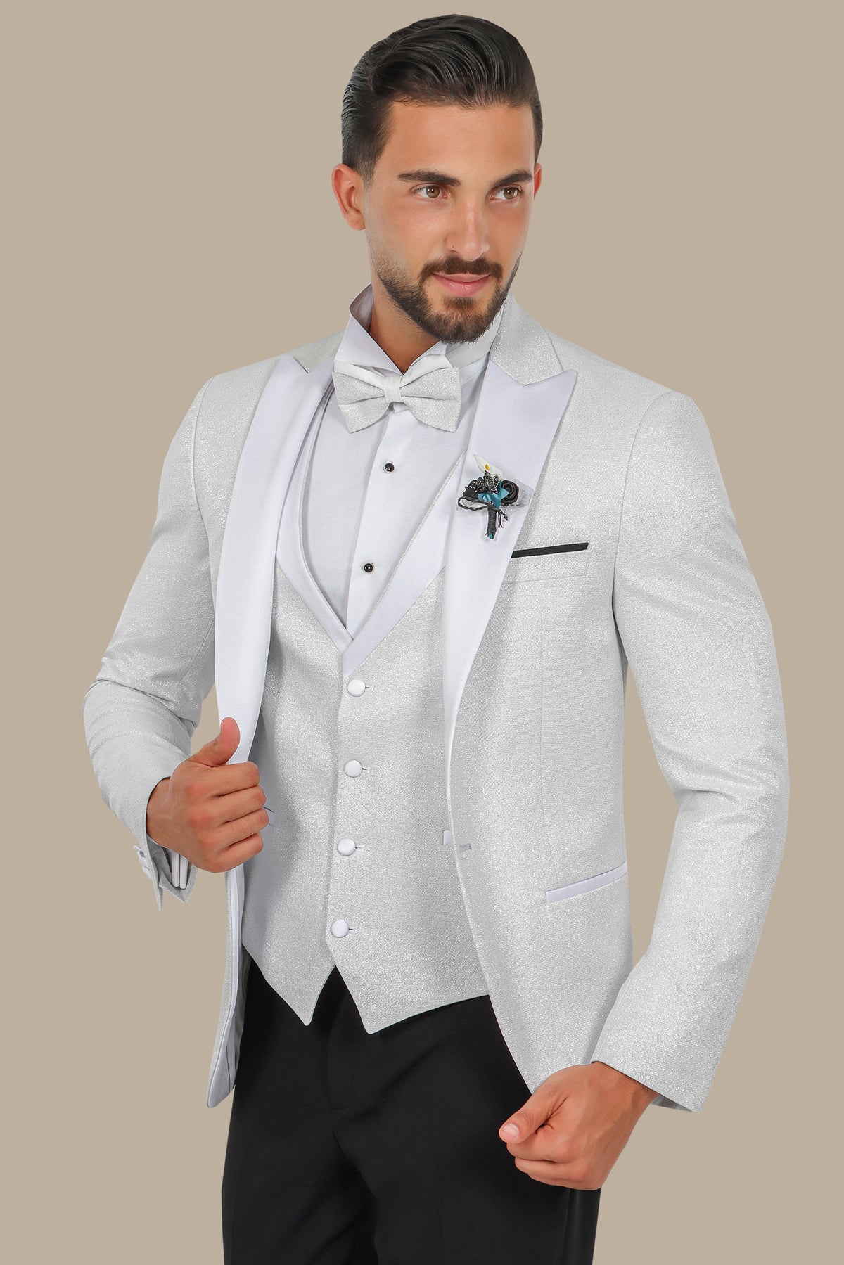 Silver Glitter 4-Piece Tuxedo Peak Lapel