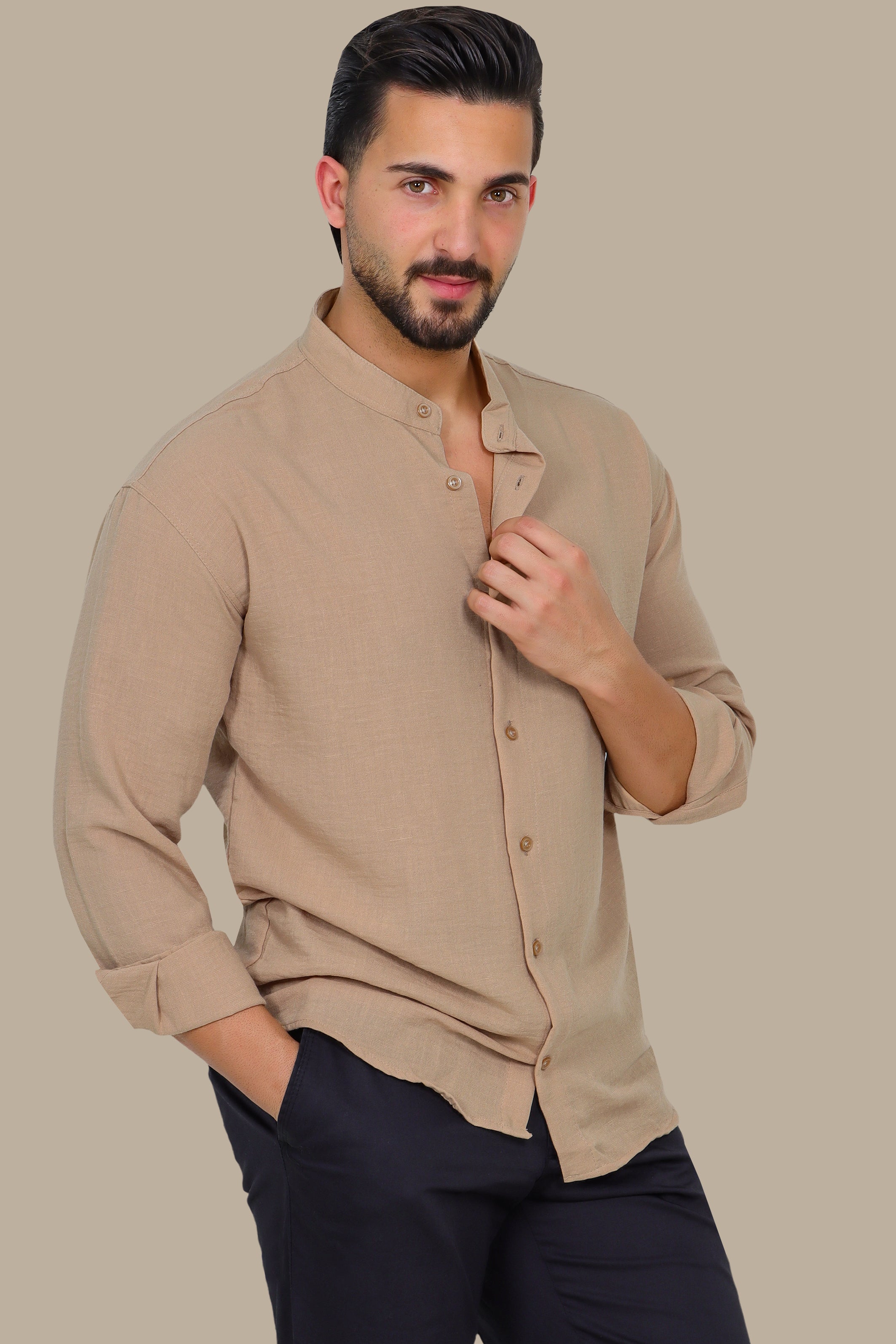 Timeless Ease: Long-Sleeve Linen Button-Down Shirt in Beige