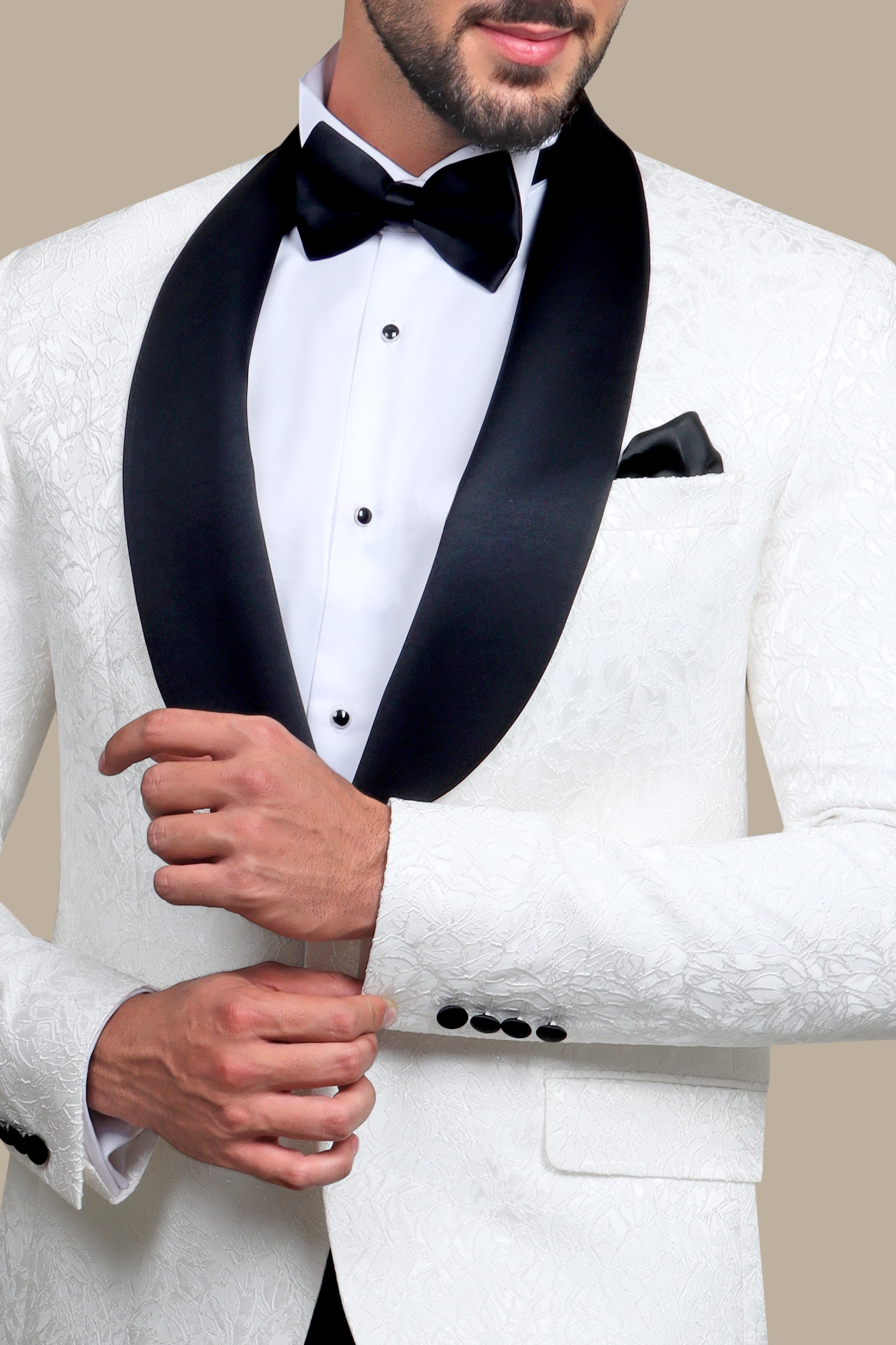 White Leaves Jacquard Shawl Collar Tuxedo