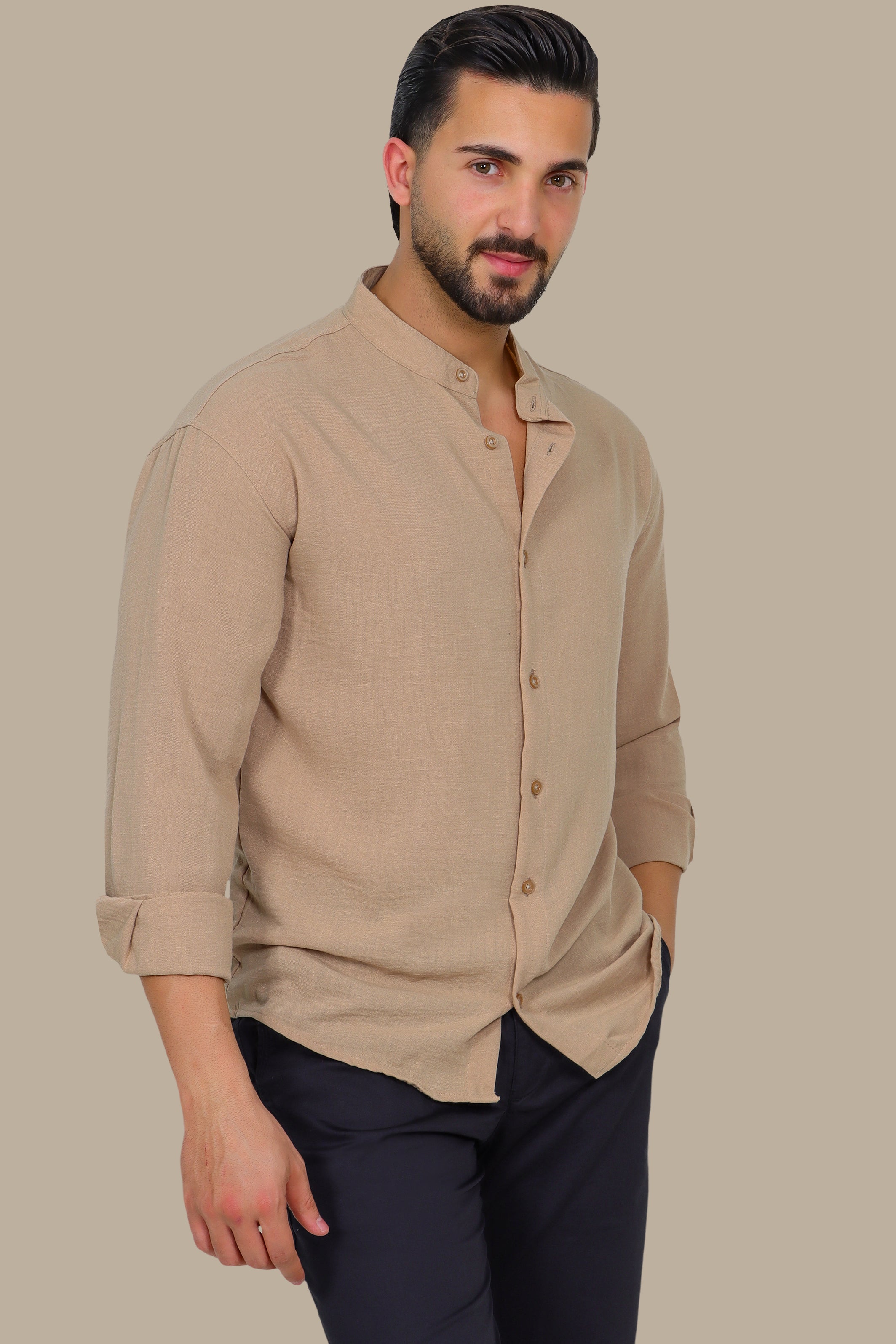 Timeless Ease: Long-Sleeve Linen Button-Down Shirt in Beige