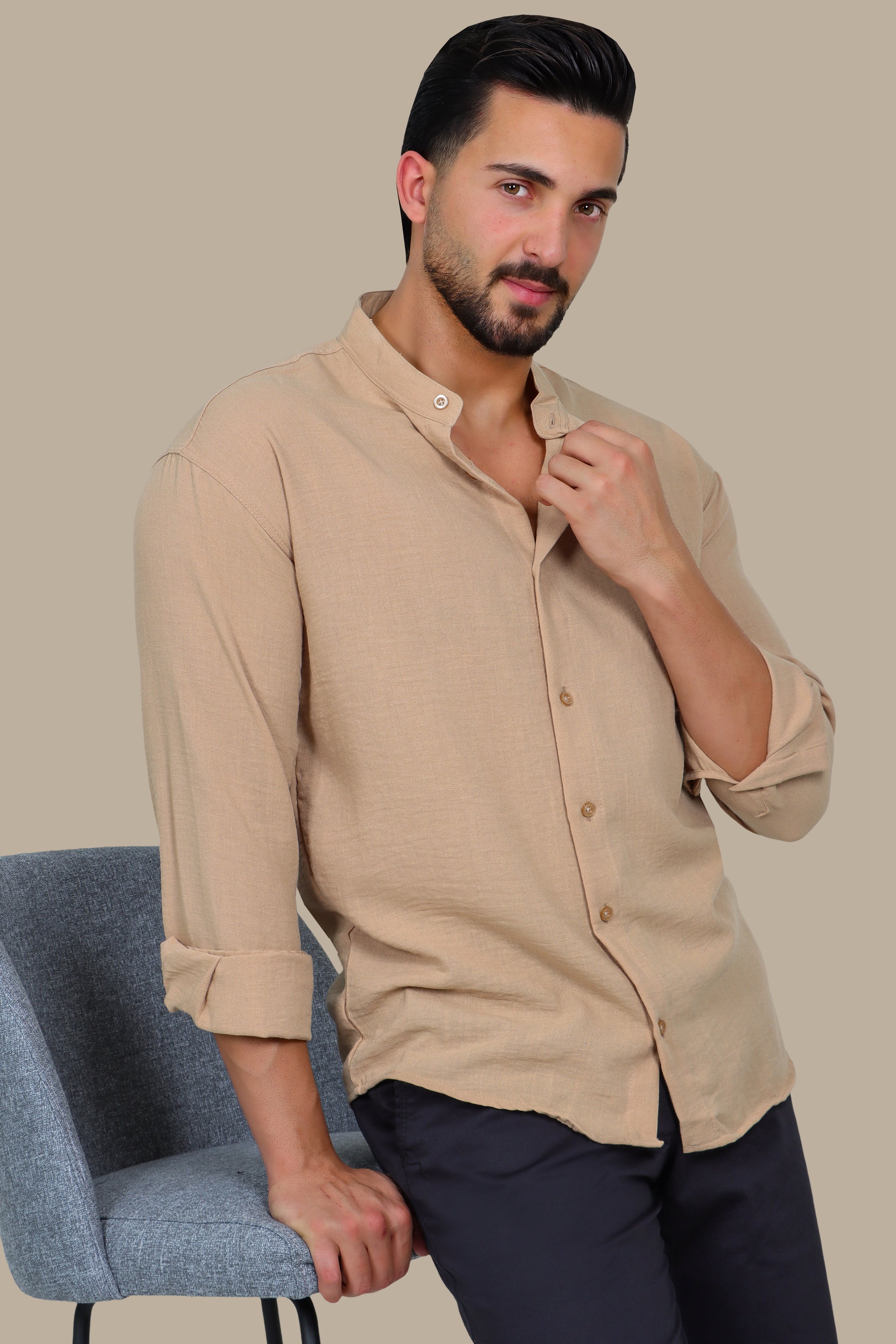 Timeless Ease: Long-Sleeve Linen Button-Down Shirt in Beige