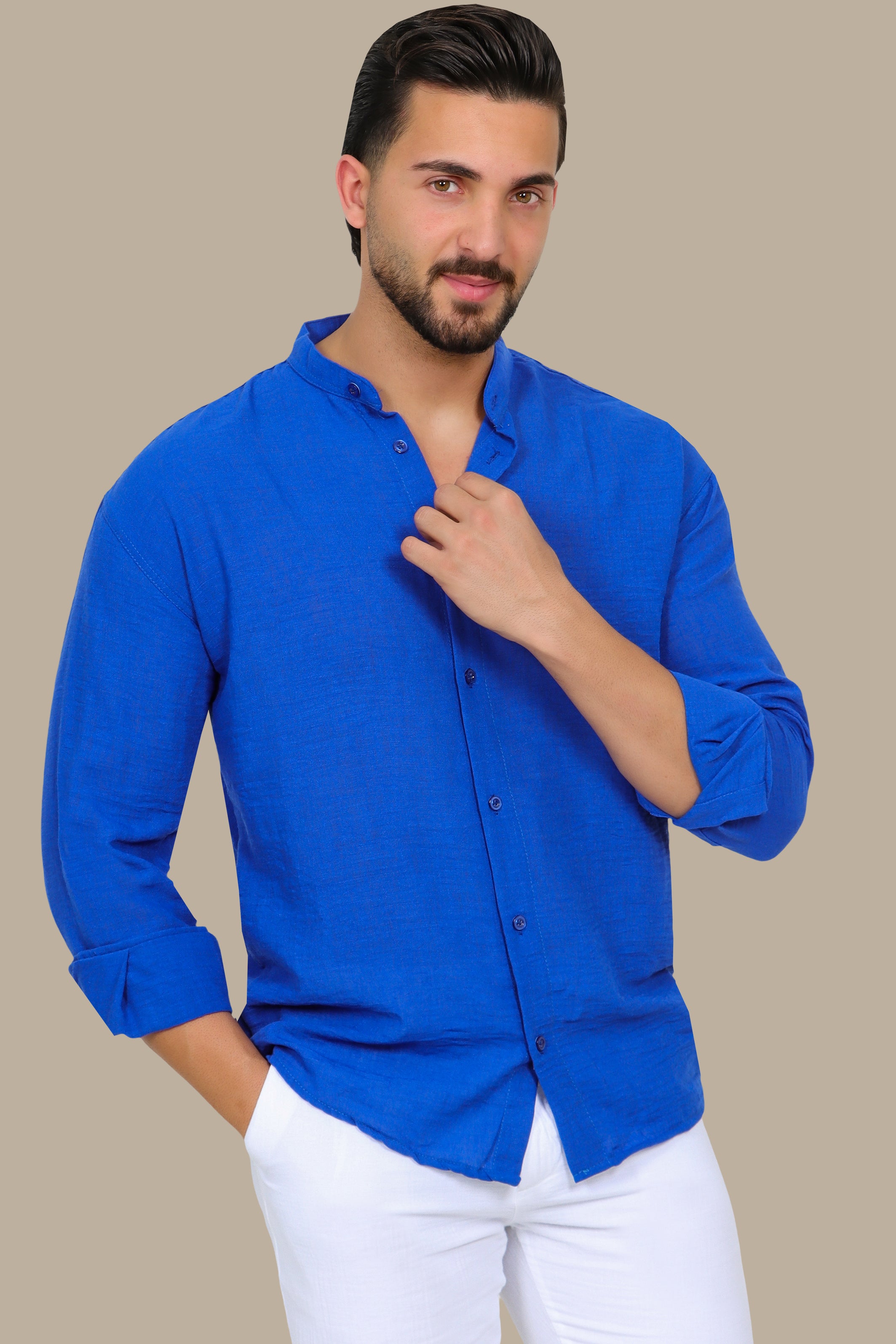 Blue Linen Long-Sleeve Button-Down Shirt