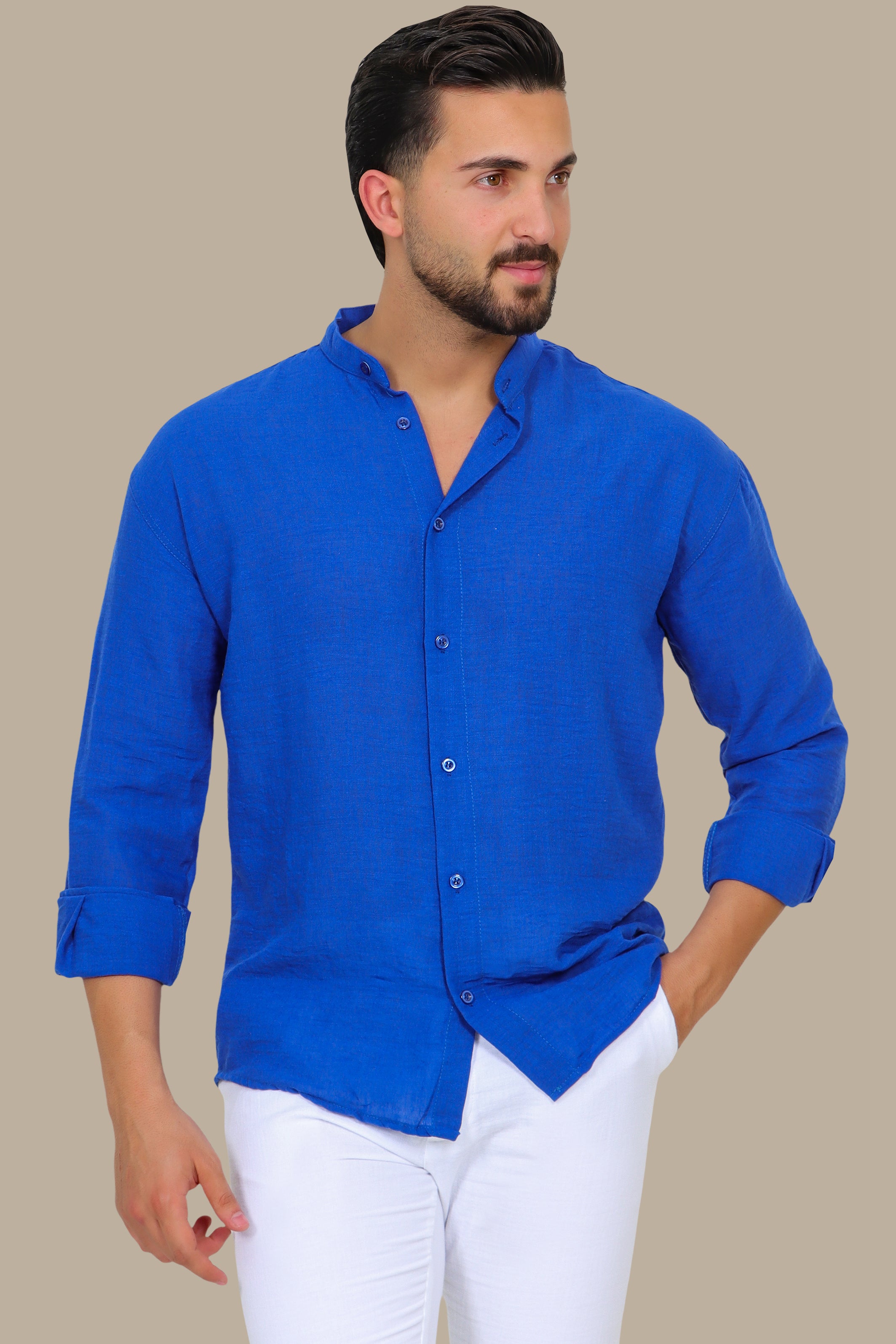 Blue Linen Long-Sleeve Button-Down Shirt