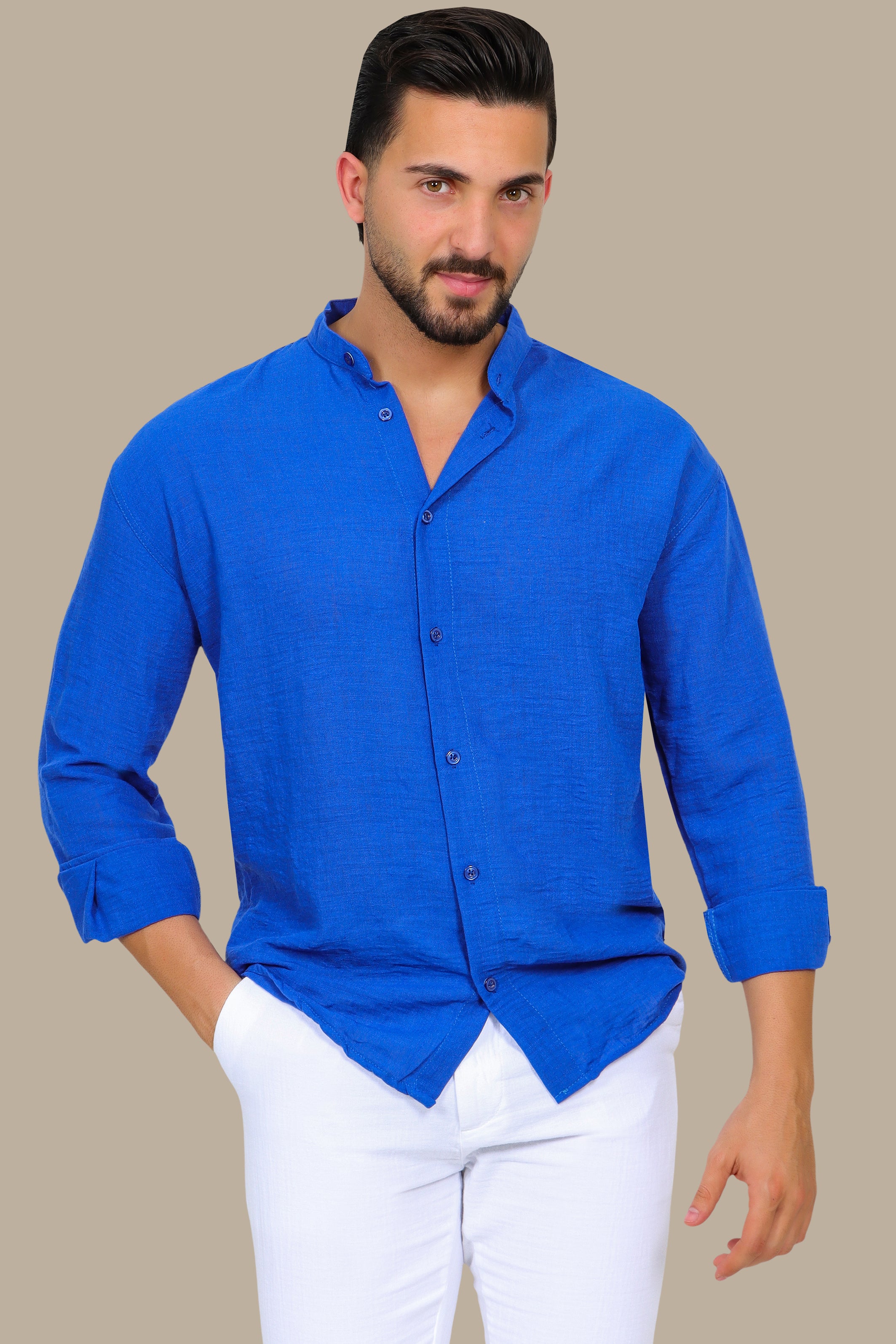 Blue Linen Long-Sleeve Button-Down Shirt