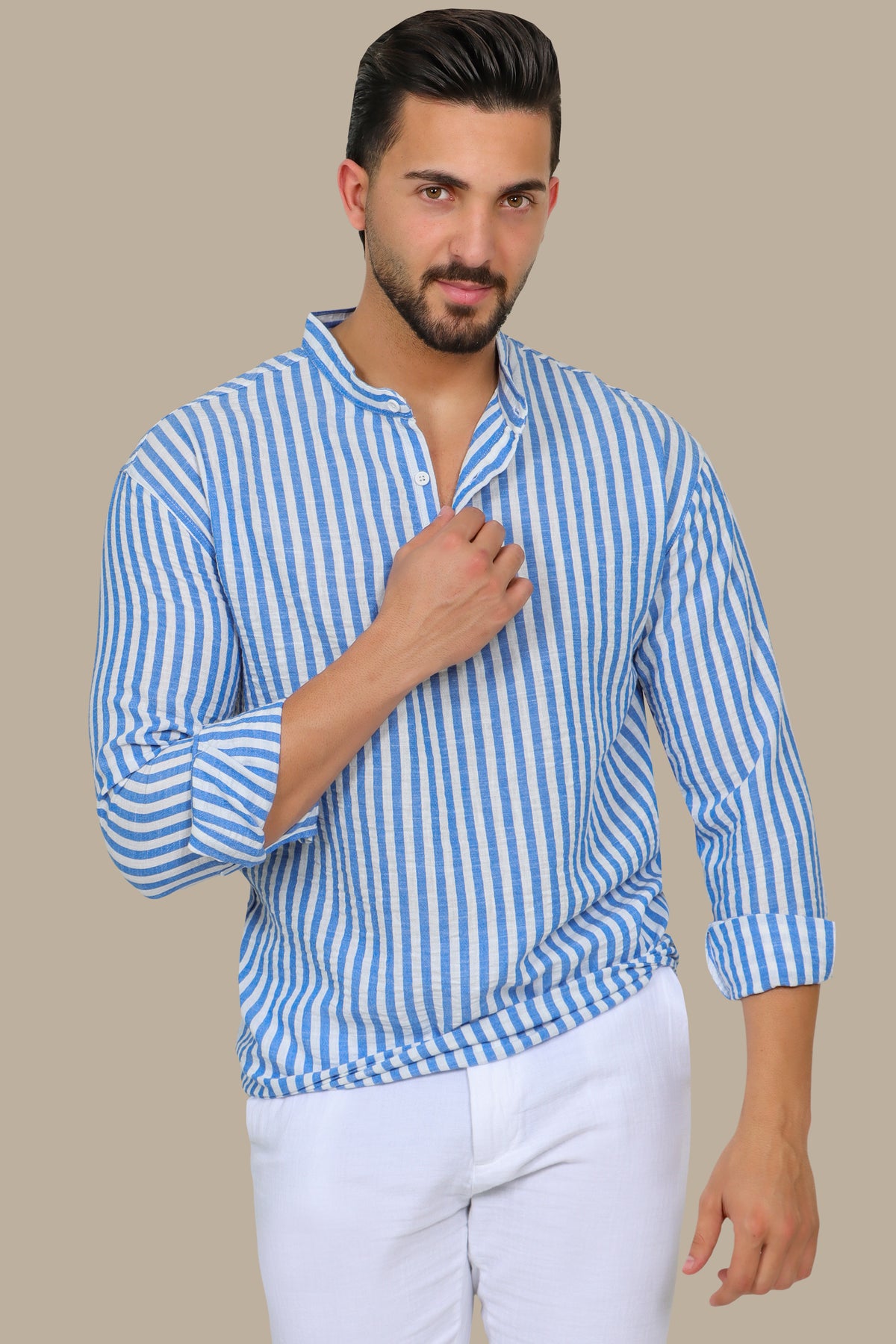 Striped Chinese Collar Shirt