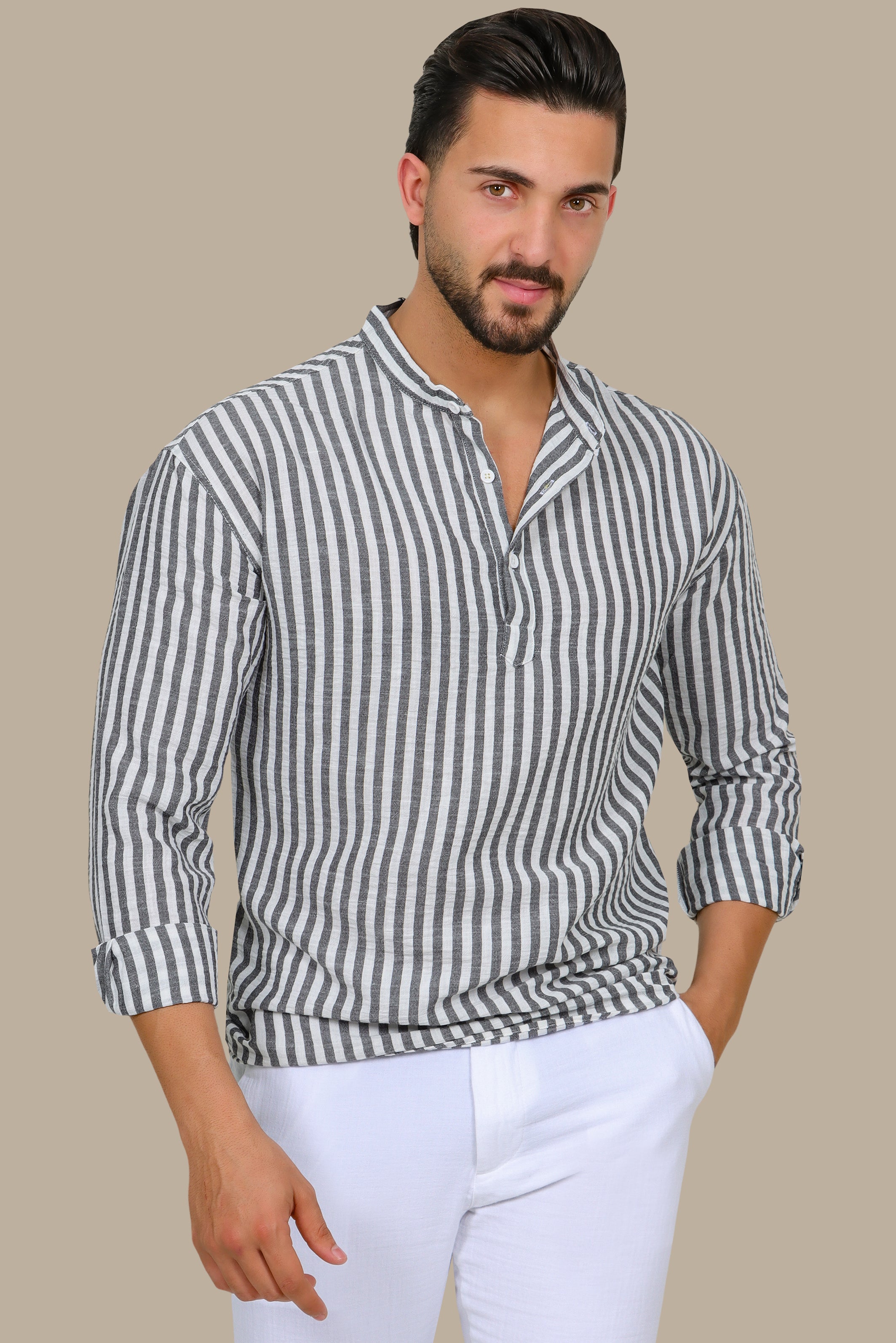 Grey Striped Shirt with Chinese Collar