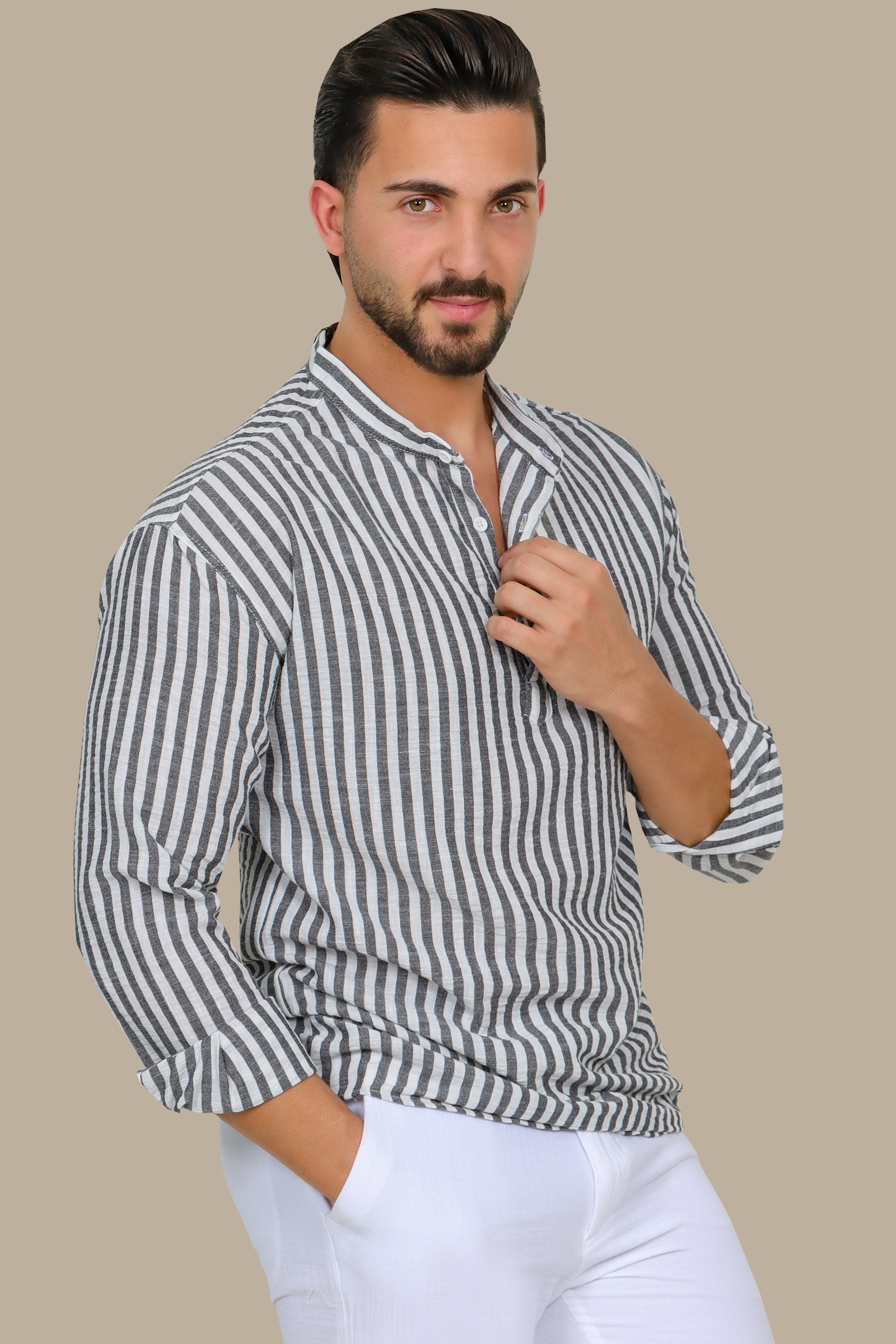 Grey Striped Shirt with Chinese Collar