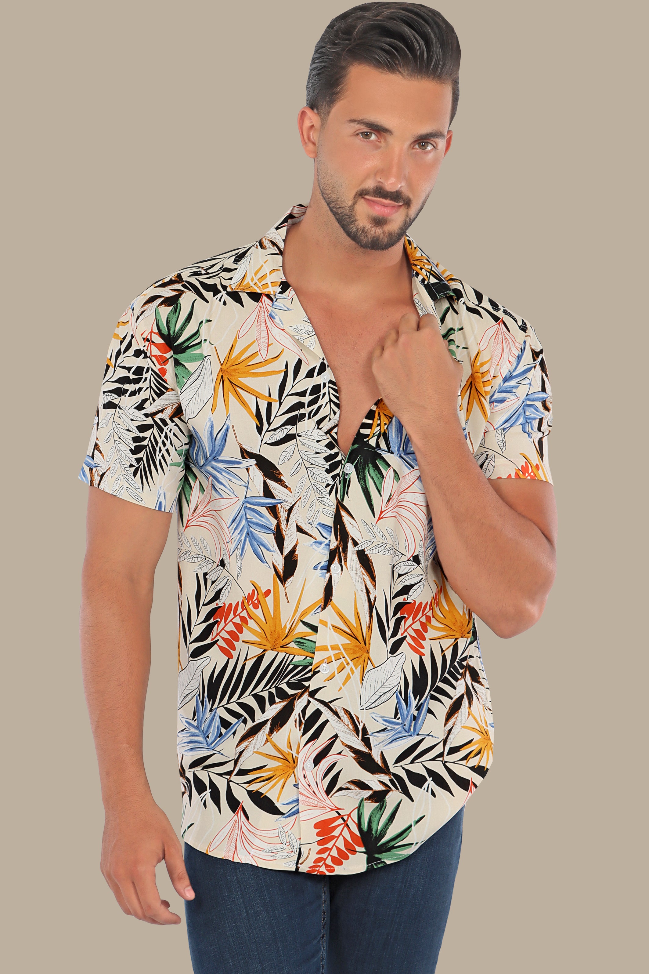 Beige Multi-Colored Leaf Print Hawaiian Shirt