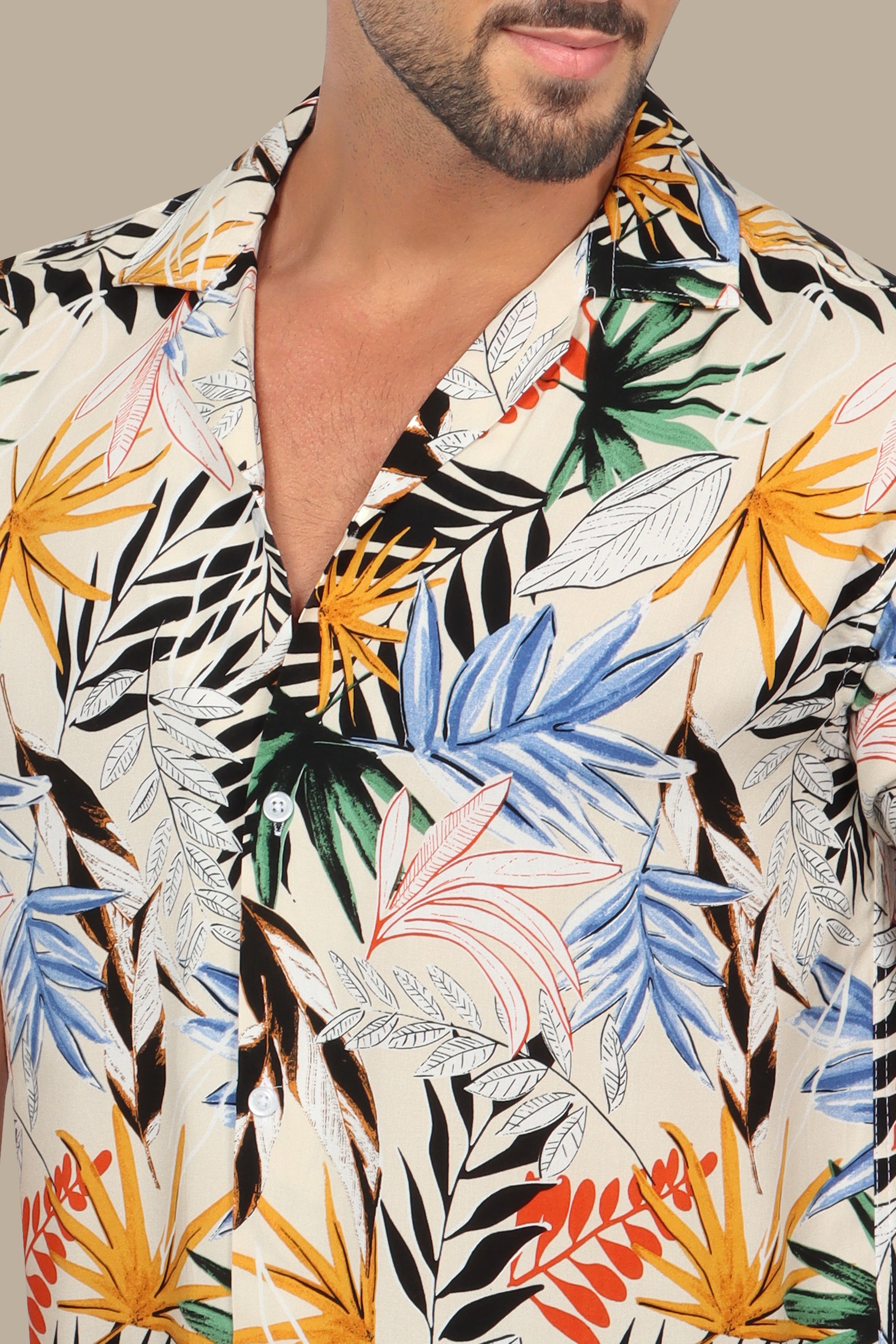 Beige Multi-Colored Leaf Print Hawaiian Shirt