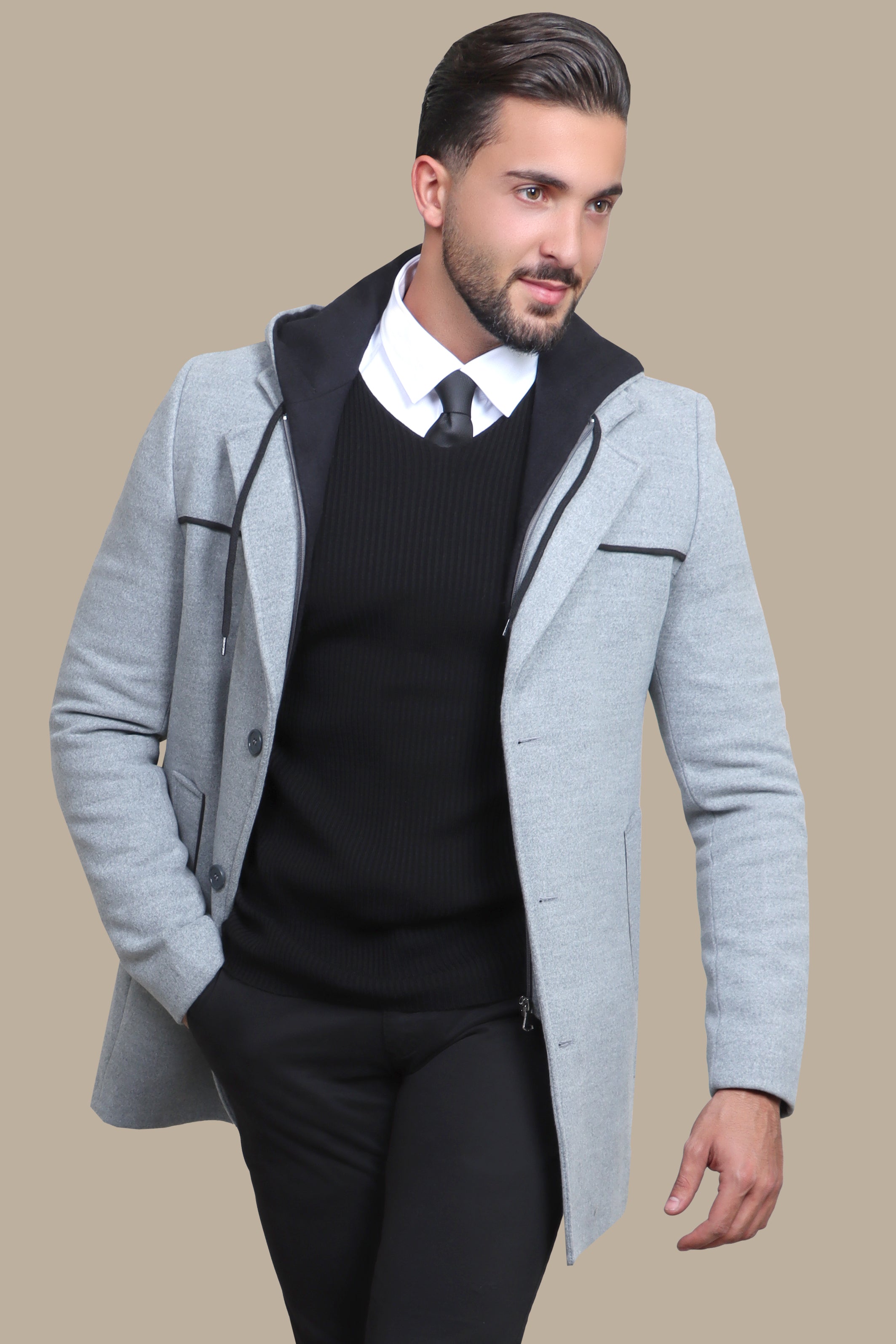 Light Grey Coat with Detachable Hoodie