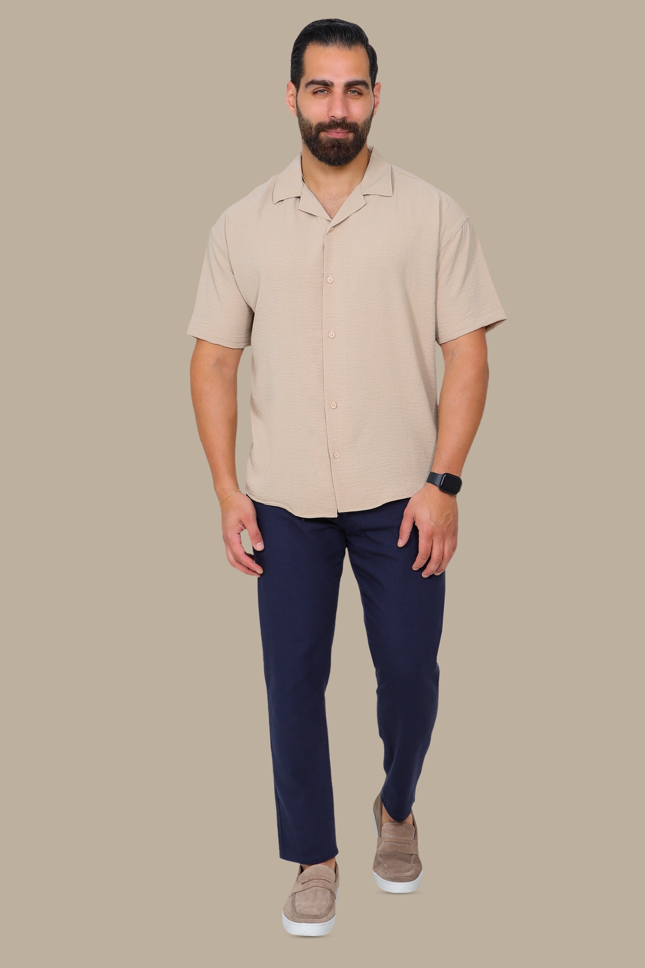 Beige Linen Shirt with Short Sleeves in Aerobin Fabric